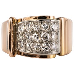 1940s Retro Diamond Paved 18 Karat Rose Gold Tank Ring