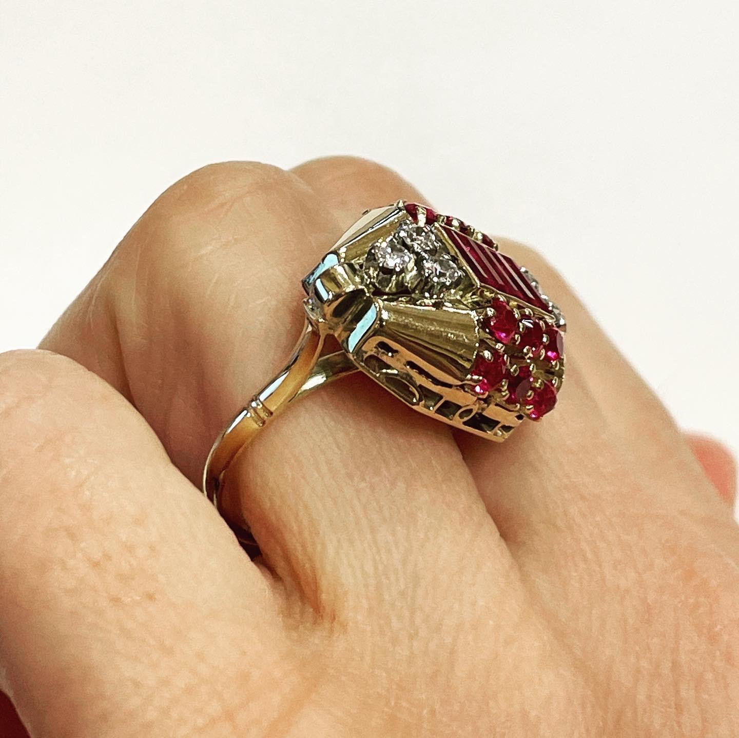 1940s Retro Diamond Rubies 18 Karat Yellow Gold Tank Cocktail Ring 6