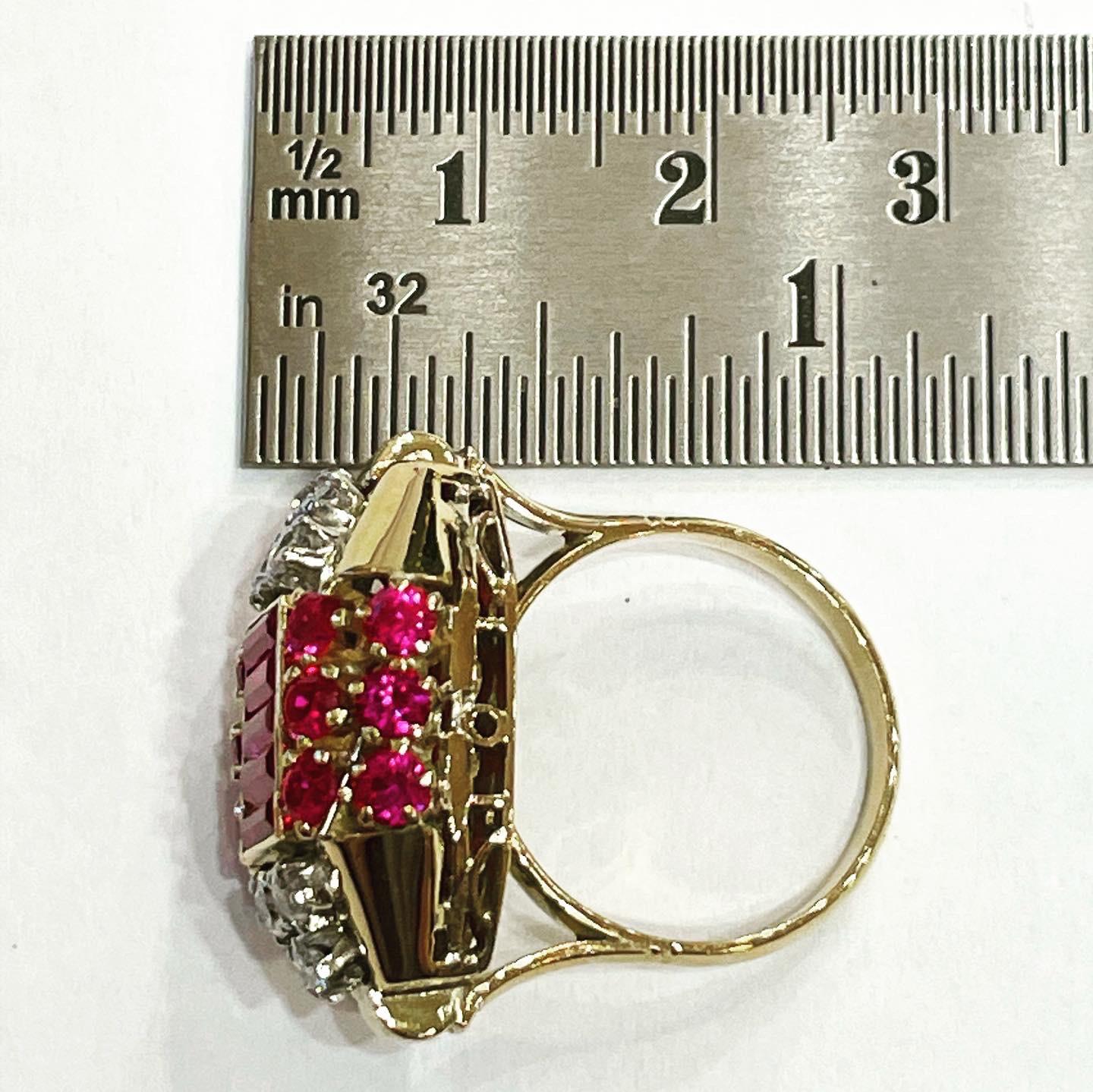 1940s Retro Diamond Rubies 18 Karat Yellow Gold Tank Cocktail Ring 10