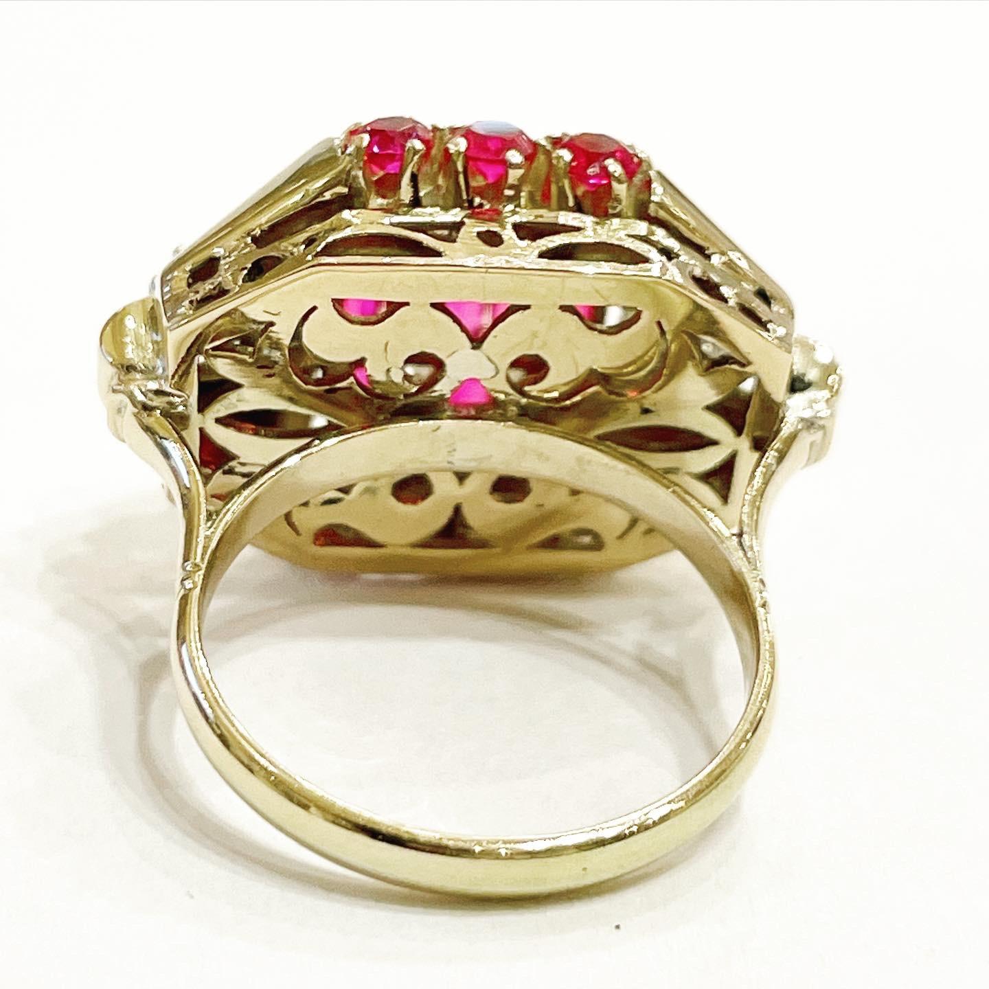 Women's or Men's 1940s Retro Diamond Rubies 18 Karat Yellow Gold Tank Cocktail Ring