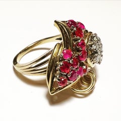 1940s Retro Diamond Rubies 18K Yellow White Gold Tank Cocktail Ring