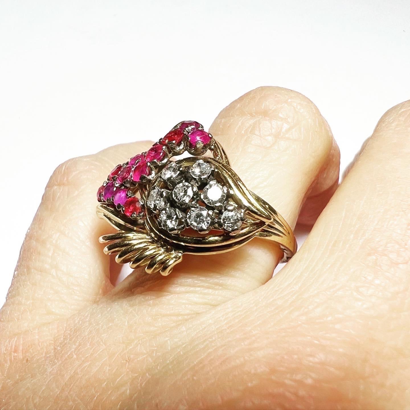 Old European Cut 1940s Retro Diamond Rubies 18K Yellow White Gold Tank Cocktail Ring For Sale