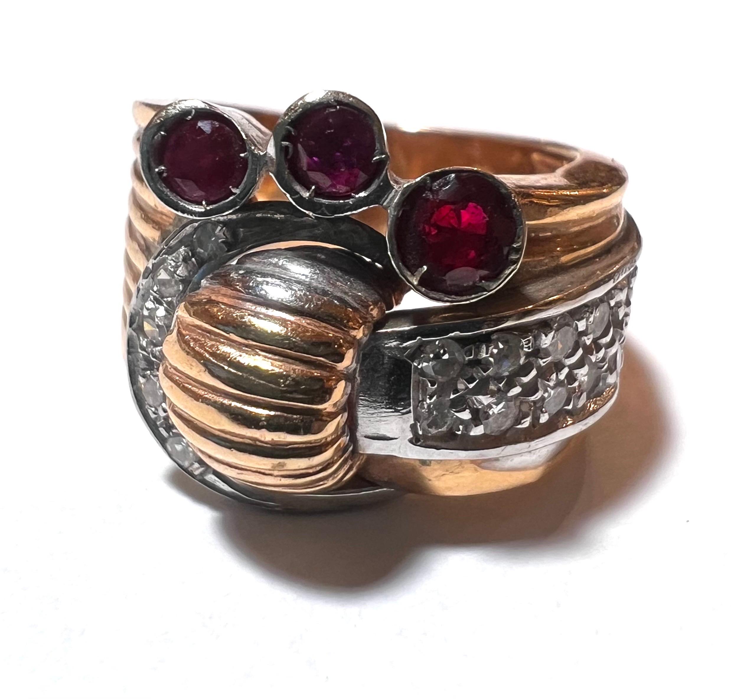 Old European Cut 1940s Retro Diamond Rubies 18K Yellow White Gold Tank Cocktail Ring For Sale