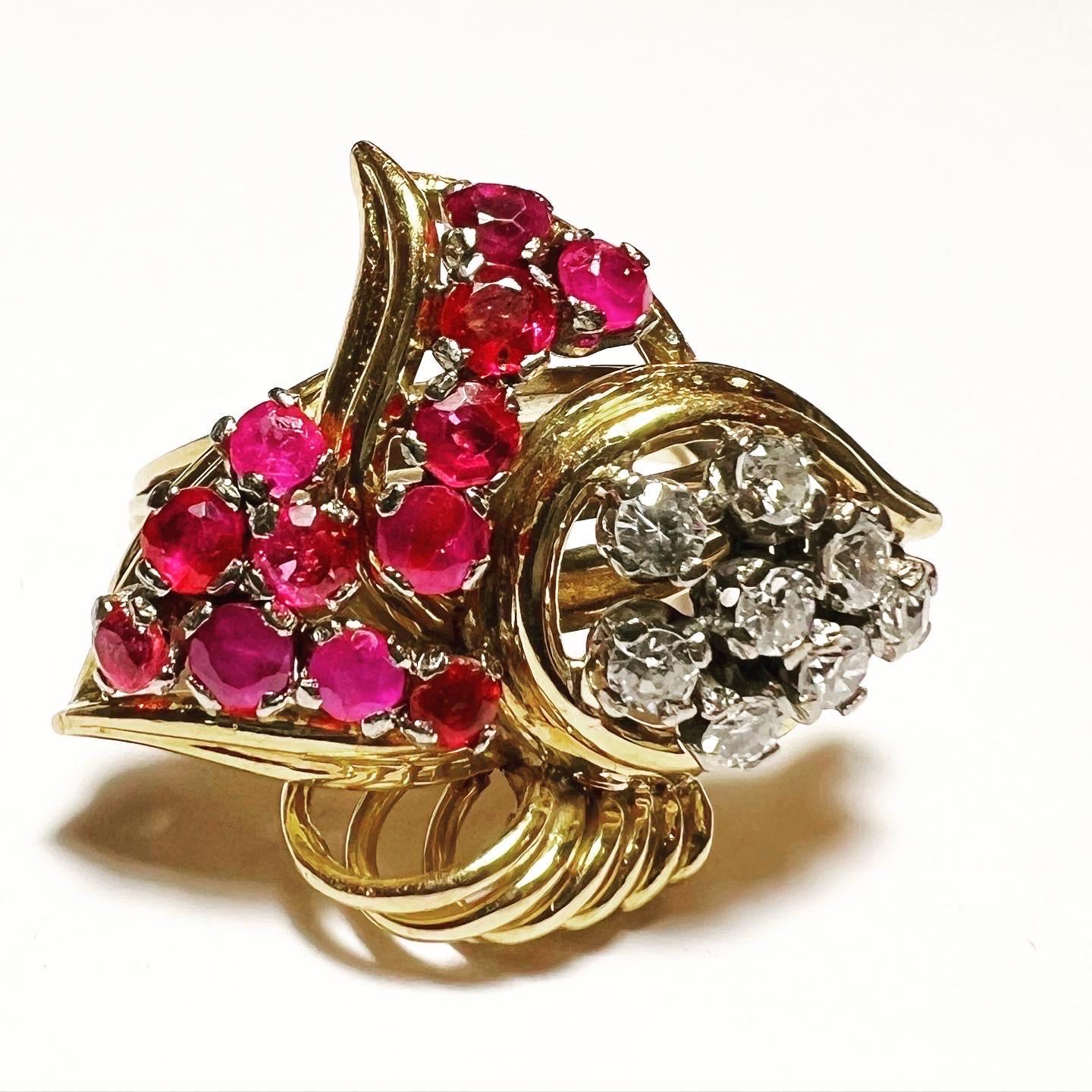 Women's or Men's 1940s Retro Diamond Rubies 18K Yellow White Gold Tank Cocktail Ring For Sale