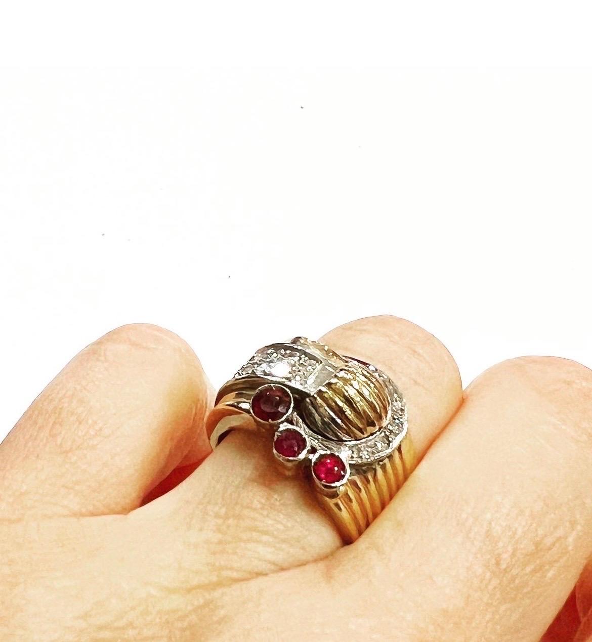 1940s Retro Diamond Rubies 18K Yellow White Gold Tank Cocktail Ring For Sale 1