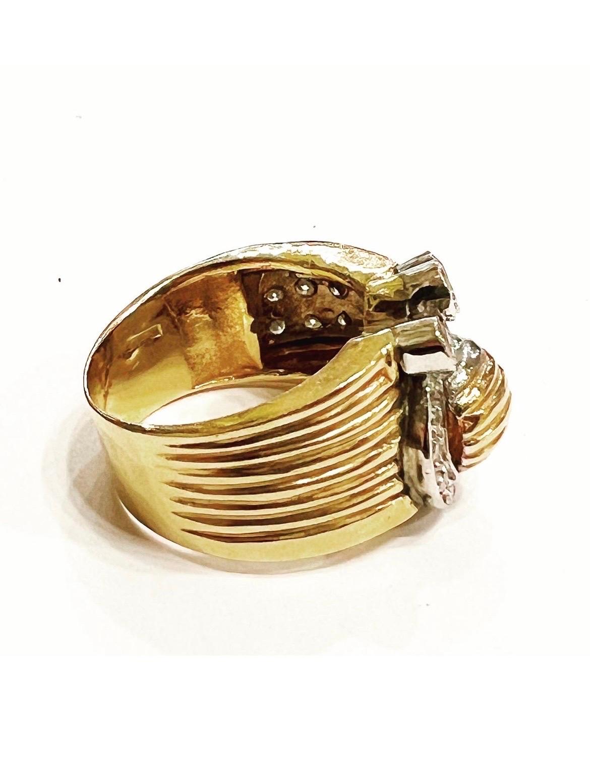 1940s Retro Diamond Rubies 18K Yellow White Gold Tank Cocktail Ring For Sale 4
