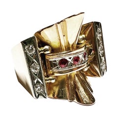 1940s Retro Diamond Rubies 18K Yellow White Gold Tank Cocktail Ring