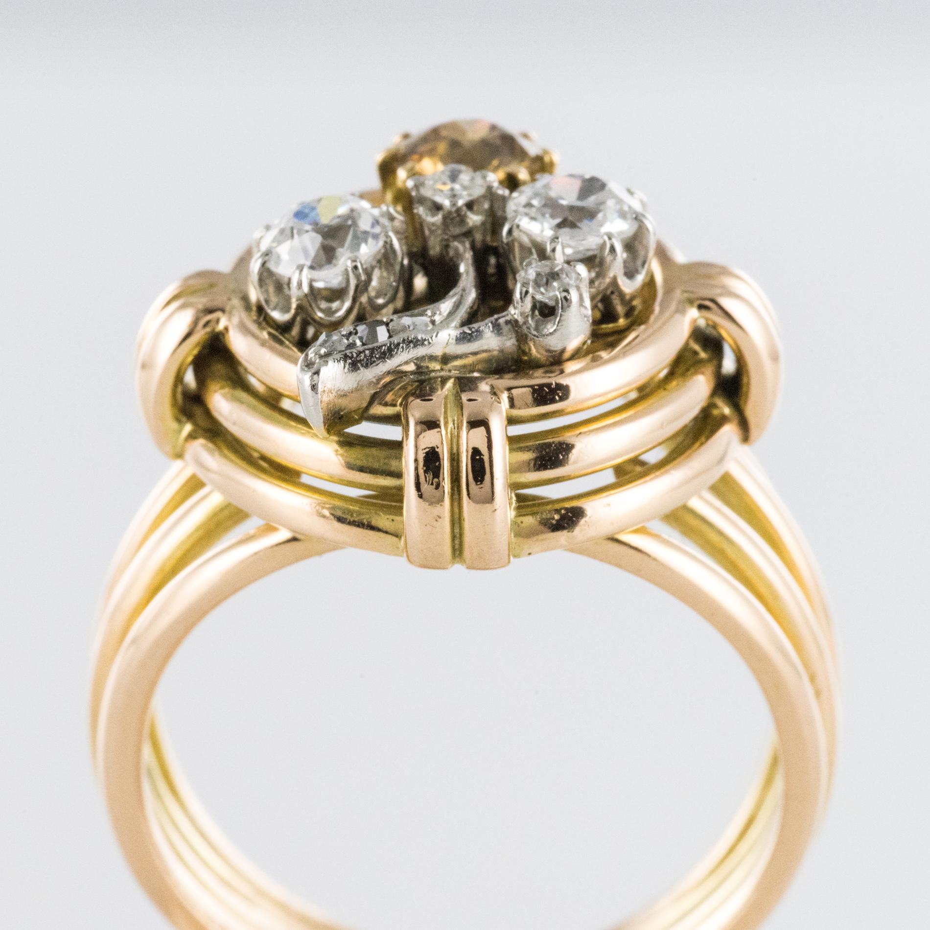 1940s Retro Diamonds 18 Karat Yellow Gold Clover Ring 5