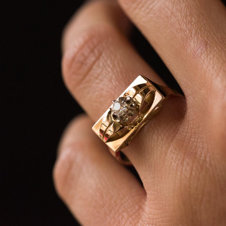 1940s Retro Diamonds 18 Karat Yellow Gold Tank Ring For Sale at 1stDibs