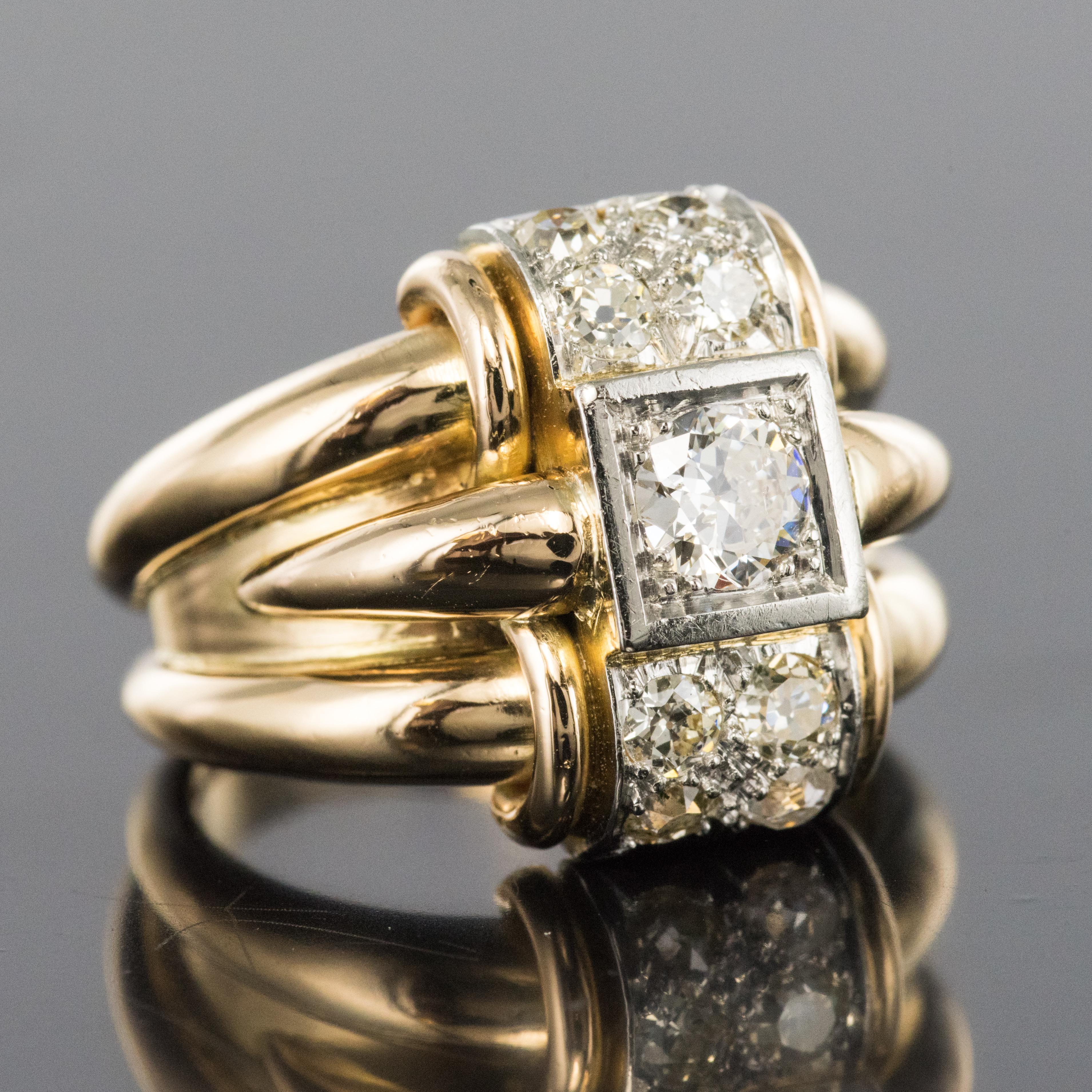 Women's 1940s Retro Diamonds Gadroons 18 Karat Yellow Gold Tank Ring