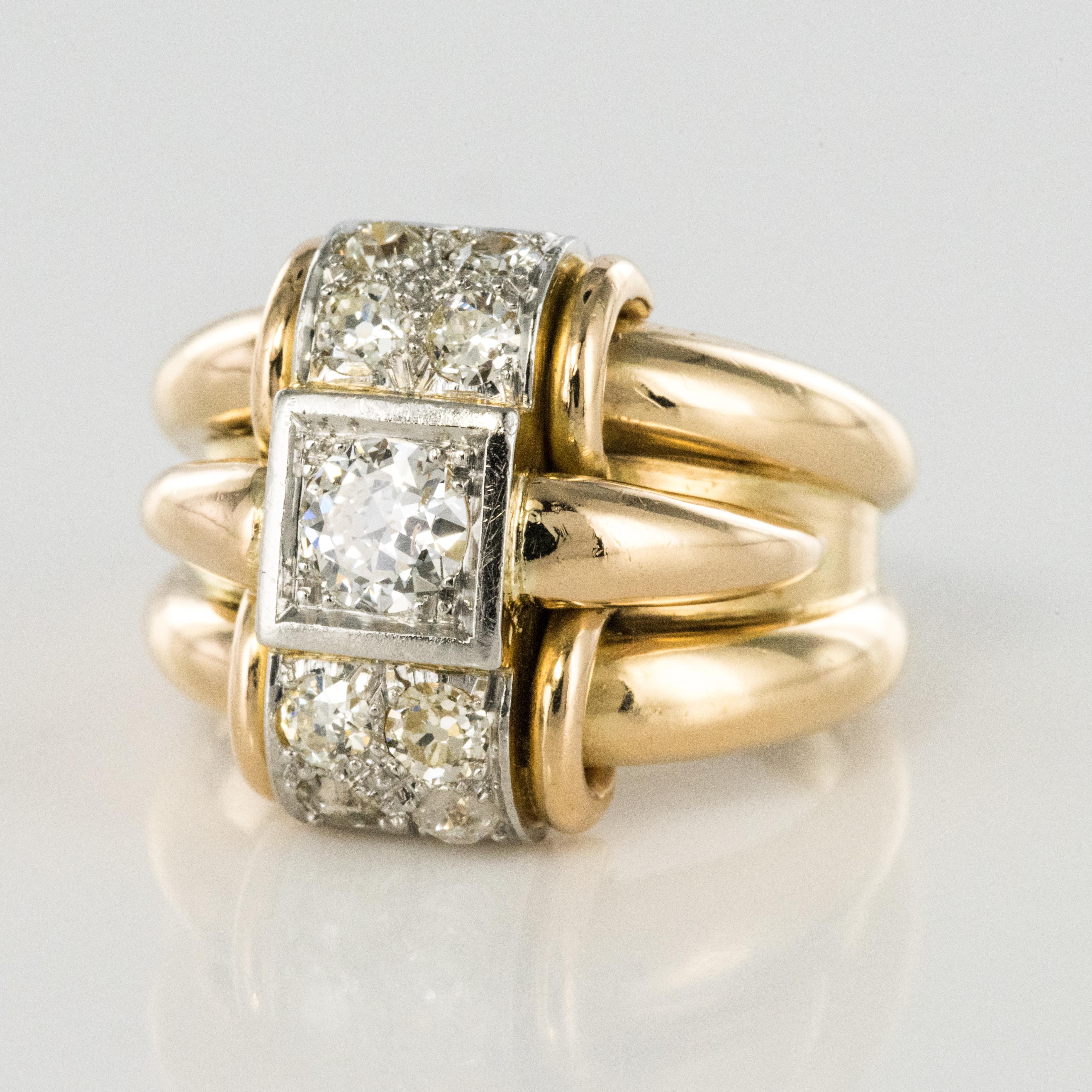 1940s Retro Diamonds Gadroons 18 Karat Yellow Gold Tank Ring 2