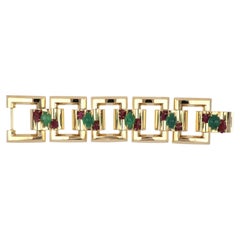1940s Retro Emerald and Ruby 14K Gold Large Square Link Bracelet