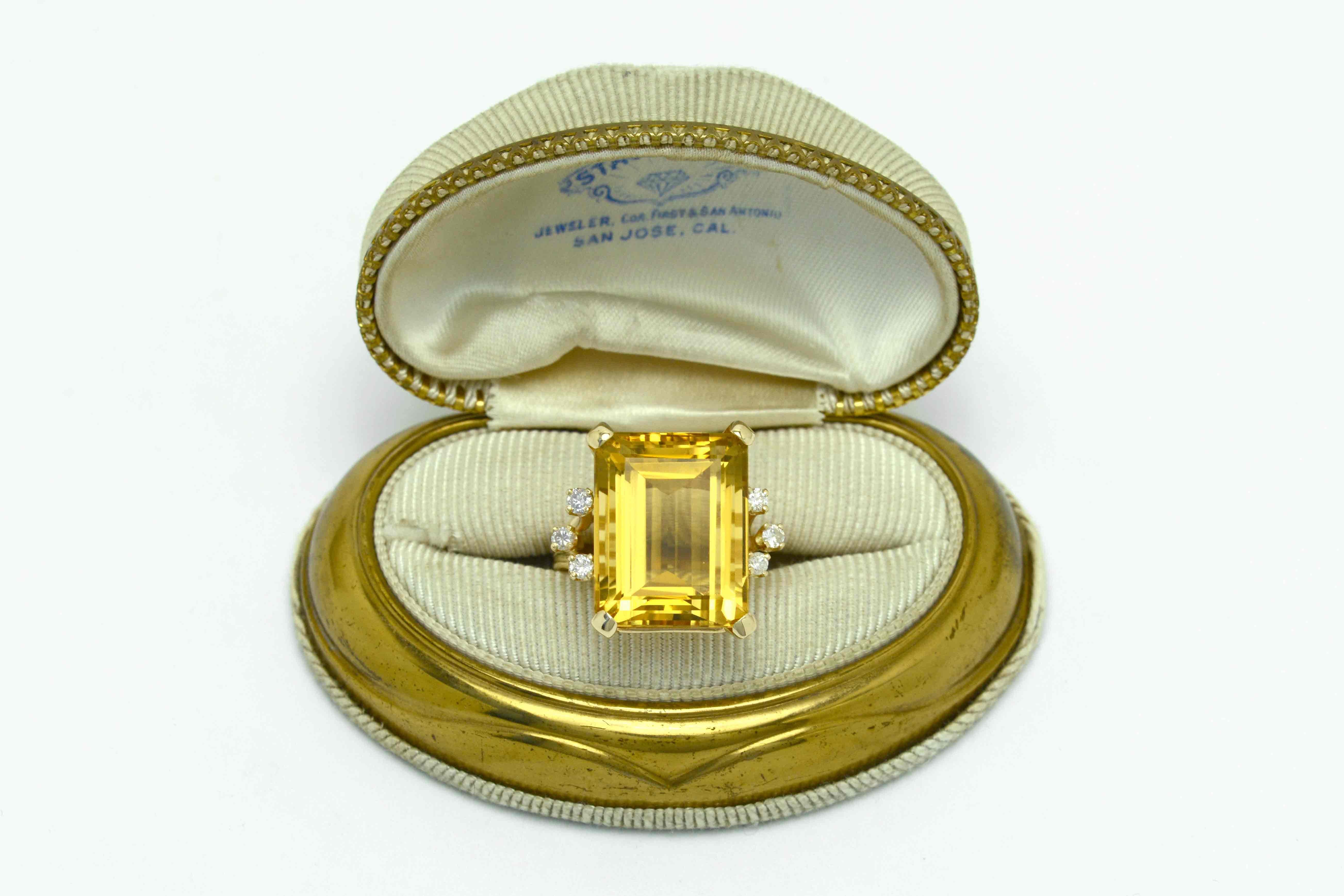 1940s Retro Emerald Cut Citrine Cocktail Ring 19 Carat Gemstone 14K Gold Diamond 1
