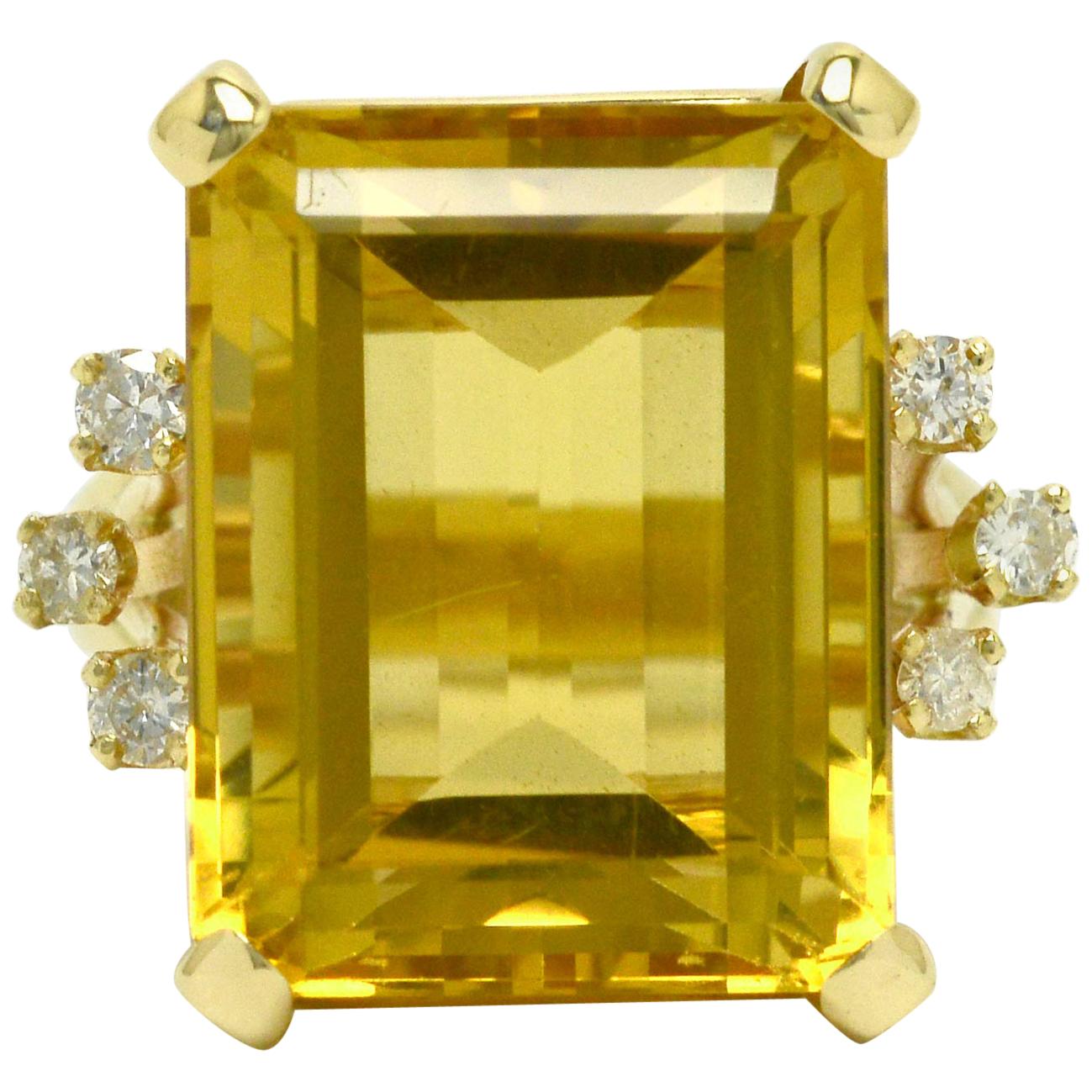 1940s Retro Emerald Cut Citrine Cocktail Ring 19 Carat Gemstone 14K Gold Diamond