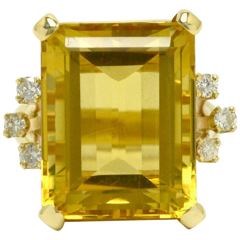 1940s Retro Emerald Cut Citrine Cocktail Ring 19 Carat Gemstone 14K ...