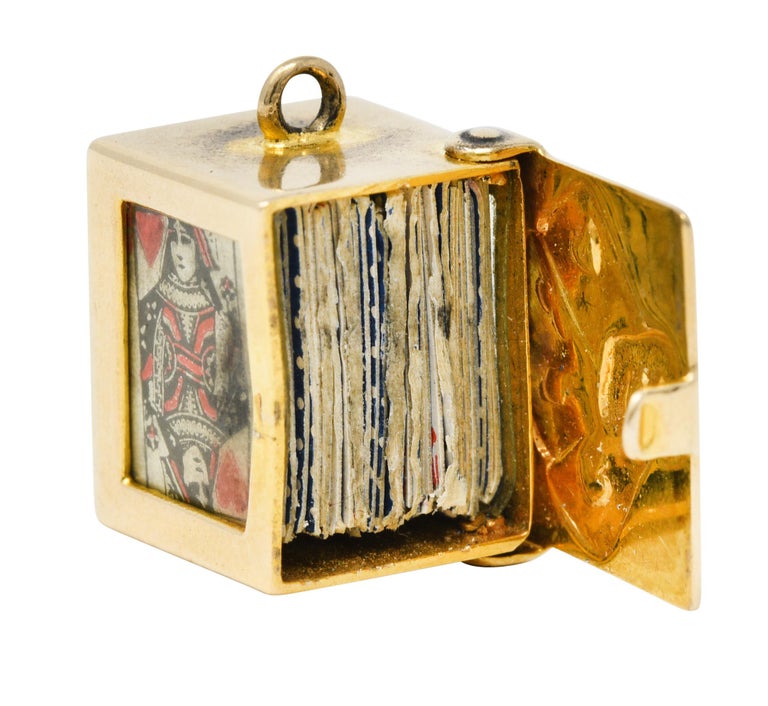 1940's Retro Enamel 14 Karat Gold Card Box and Cards Charm at 1stDibs