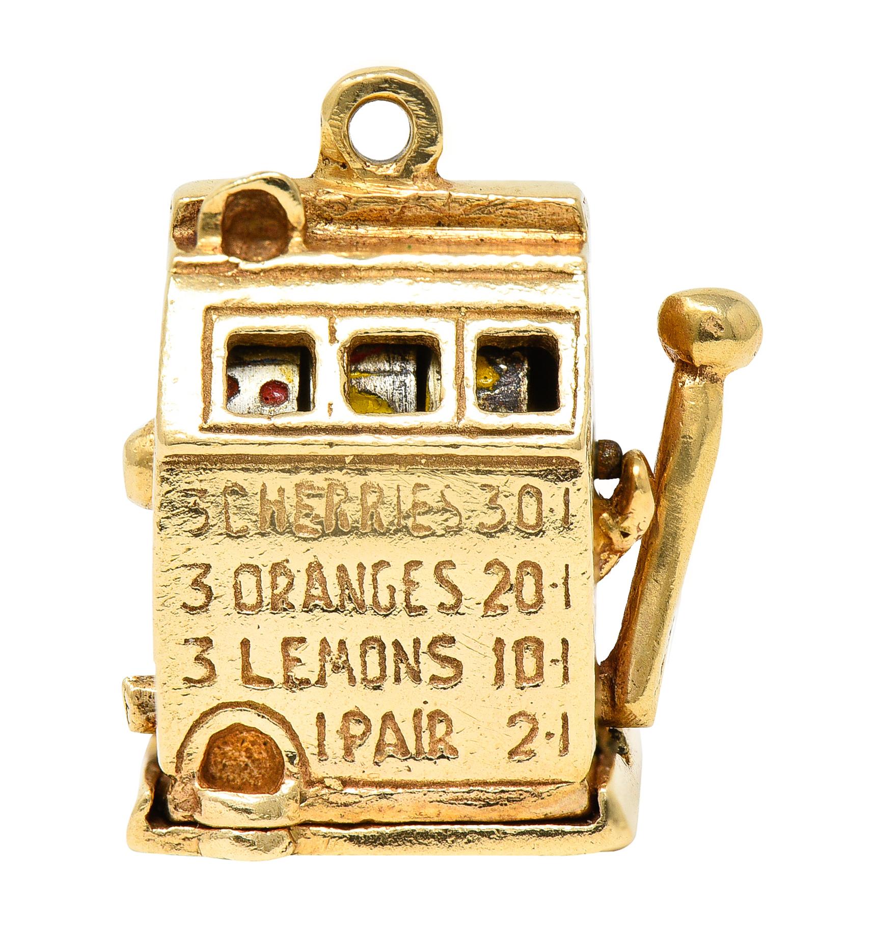 1940er Jahre Retro Emaille 14 Karat Gelbgold Vintage Slot Machine Charme im Zustand „Hervorragend“ in Philadelphia, PA