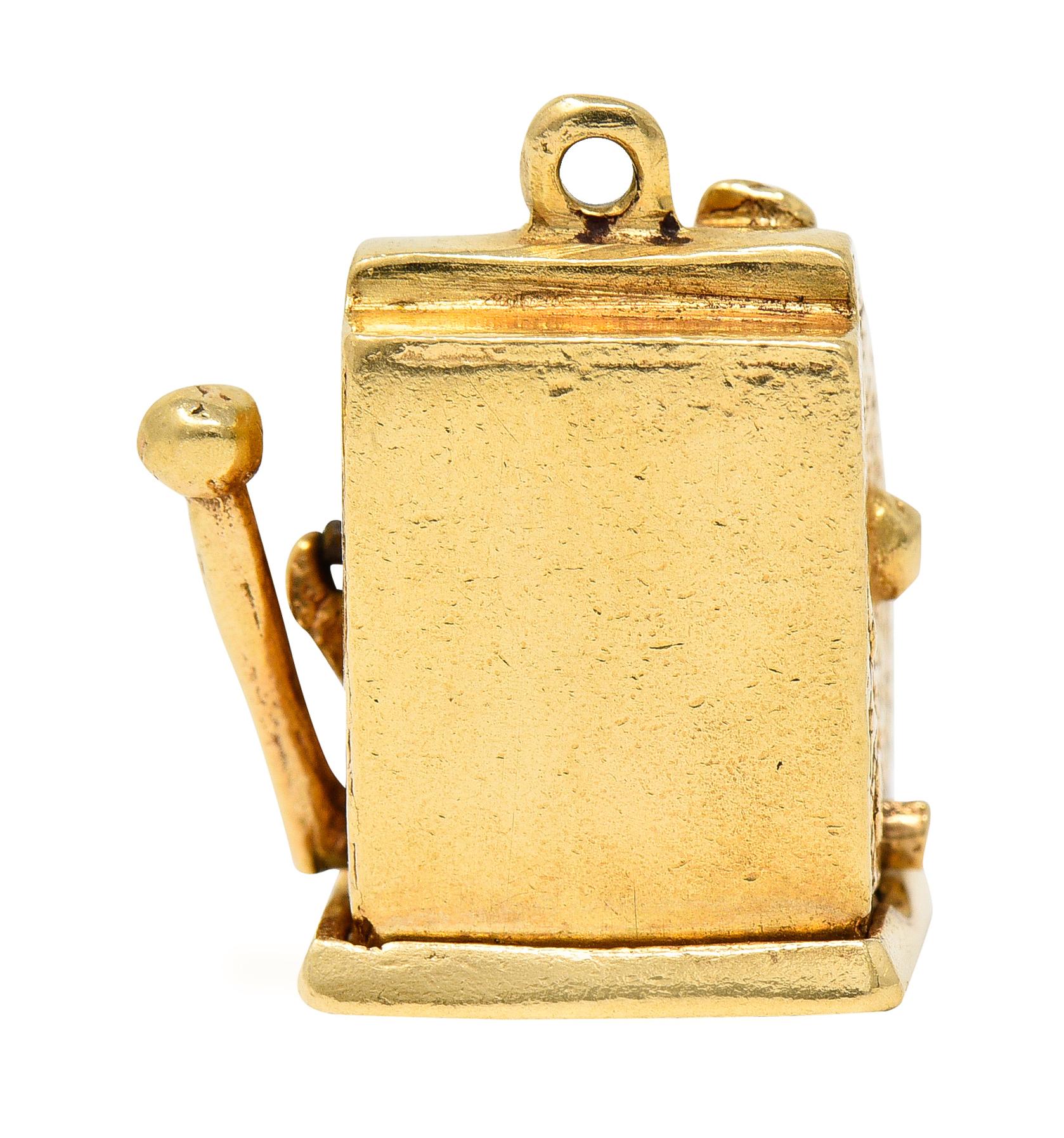 1940's Retro Enamel 14 Karat Yellow Gold Vintage Slot Machine Charm In Excellent Condition For Sale In Philadelphia, PA