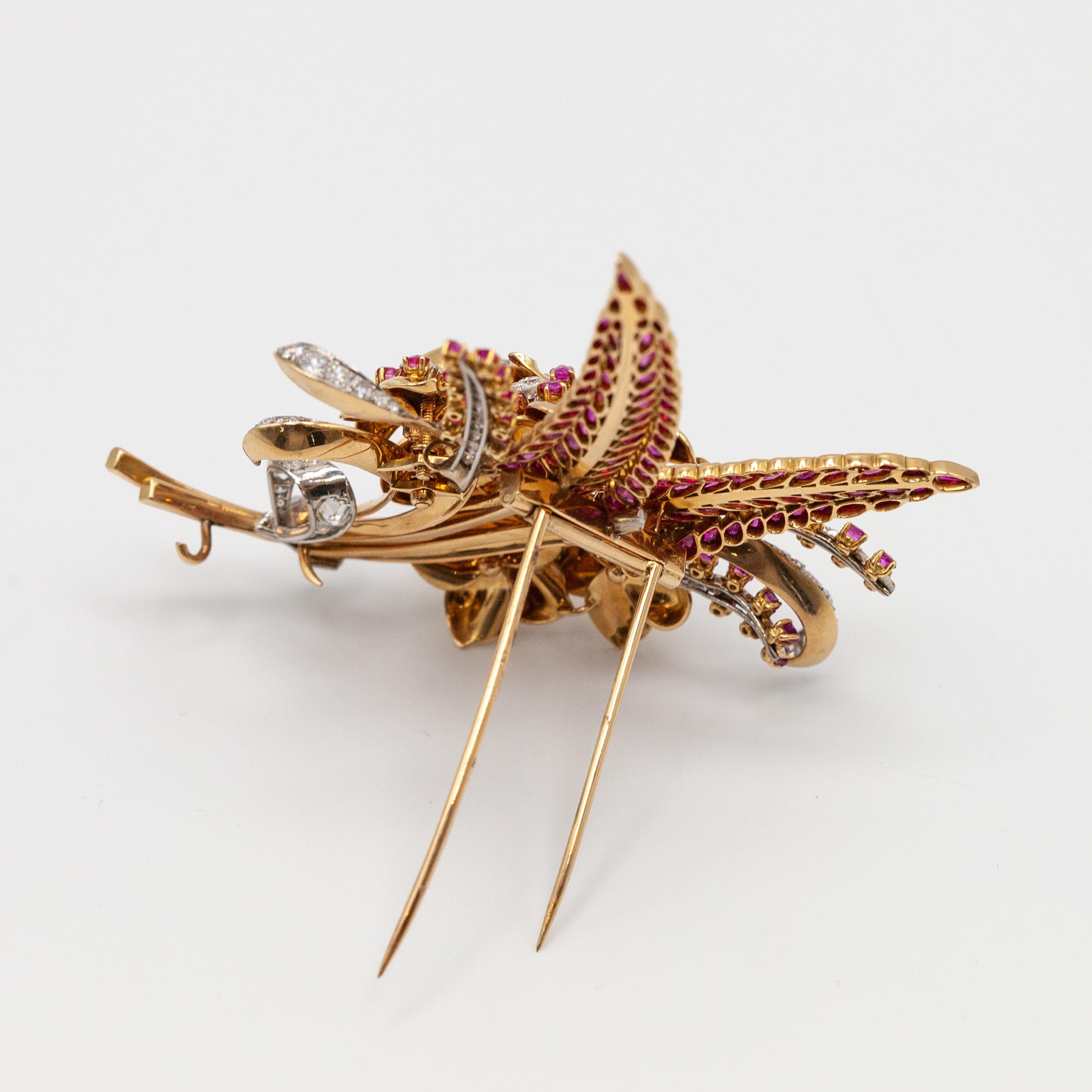 Retro French 18K and Platinum Diamond Ruby Flower Fur Clip c. 1940s For Sale 5
