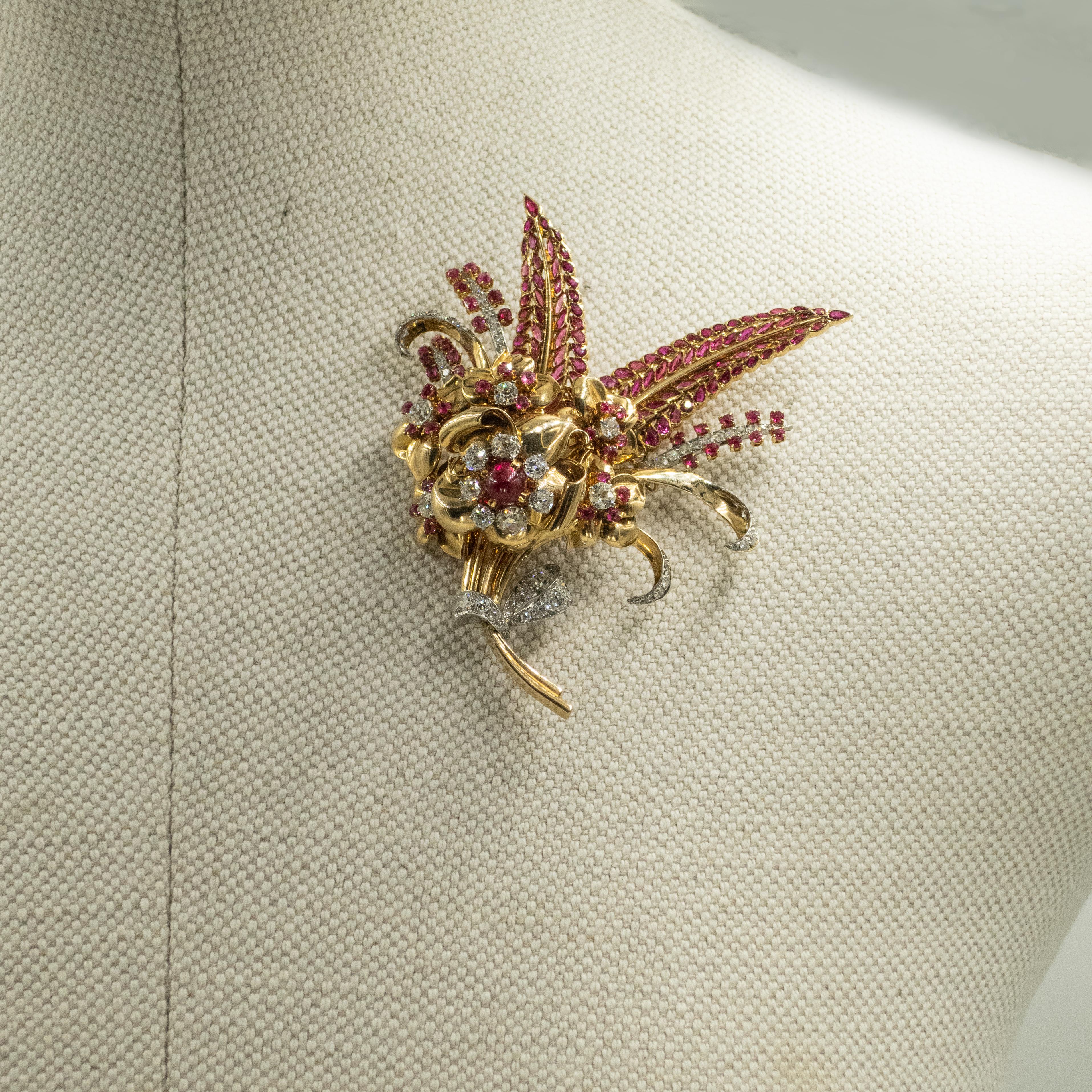 Retro French 18K and Platinum Diamond Ruby Flower Fur Clip c. 1940s For Sale 6