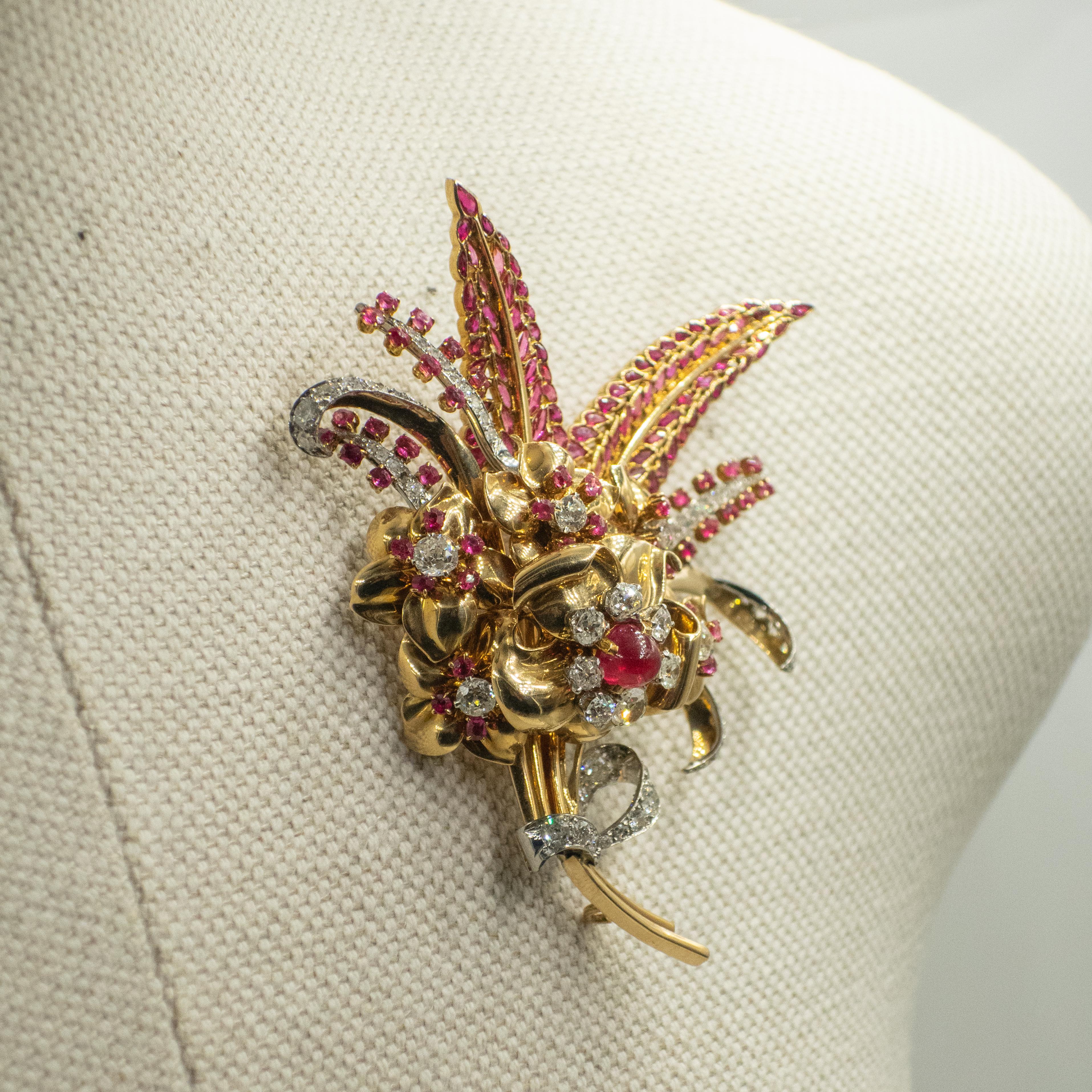 Retro French 18K and Platinum Diamond Ruby Flower Fur Clip c. 1940s For Sale 7