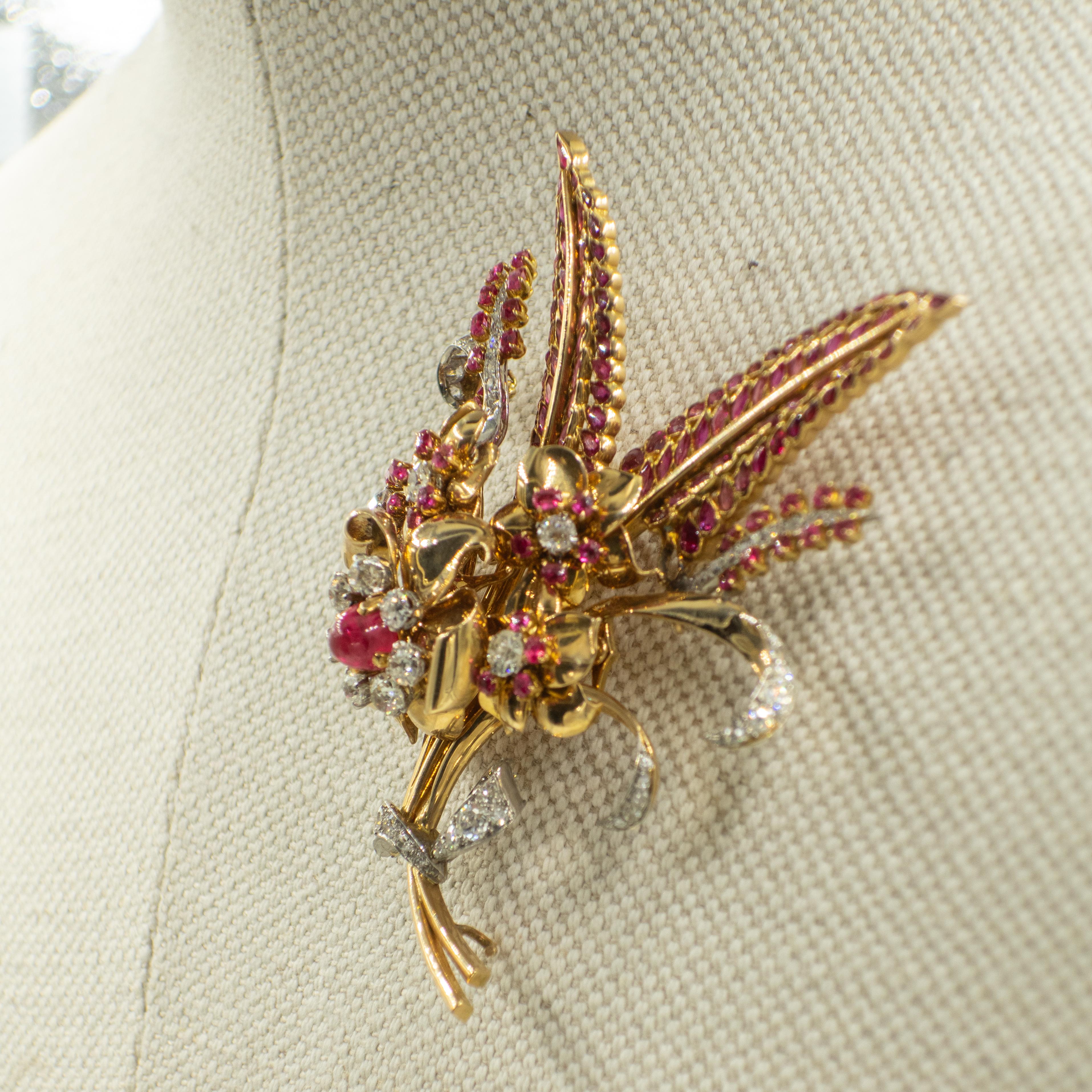 Retro French 18K and Platinum Diamond Ruby Flower Fur Clip c. 1940s For Sale 8