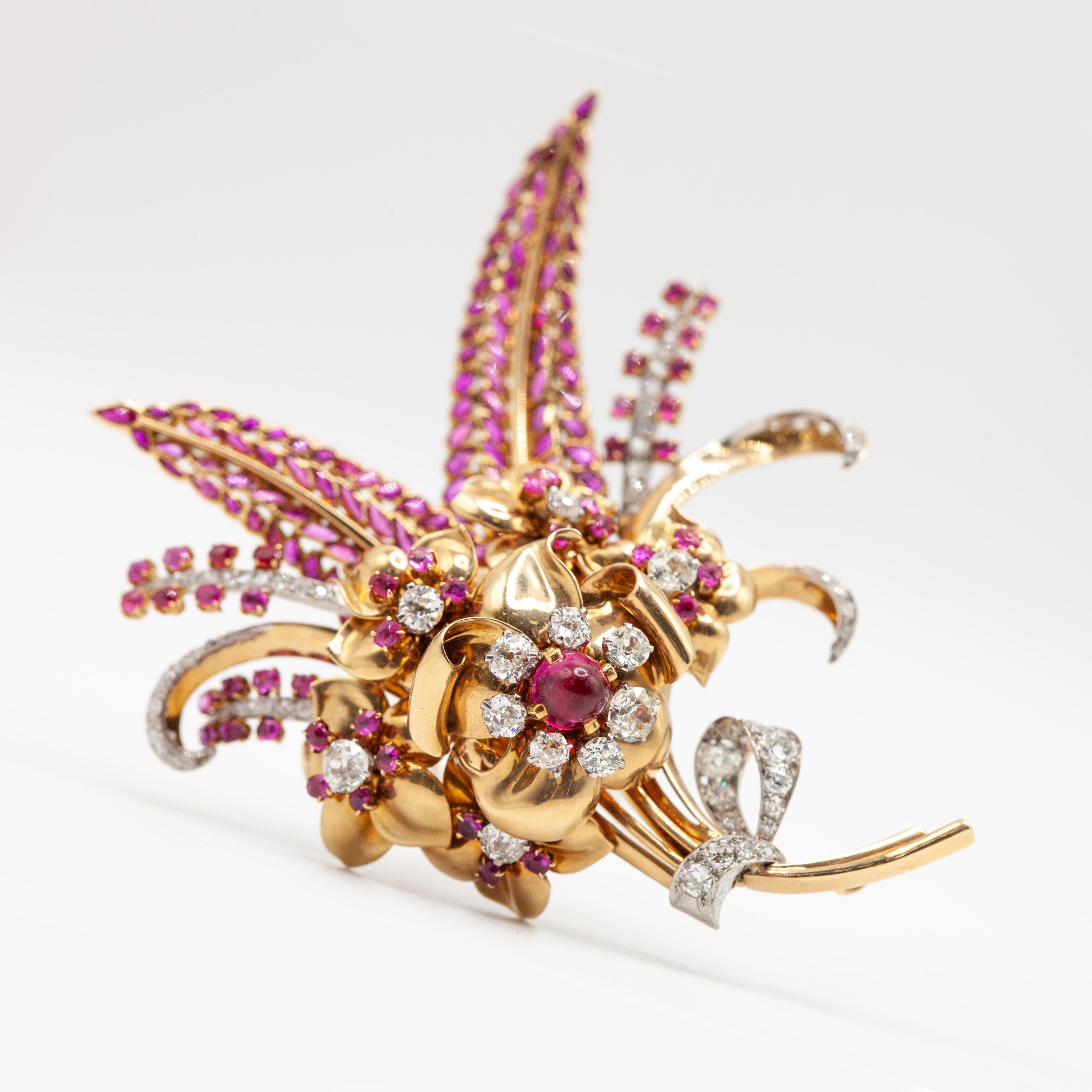 Old European Cut Retro French 18K and Platinum Diamond Ruby Flower Fur Clip c. 1940s For Sale