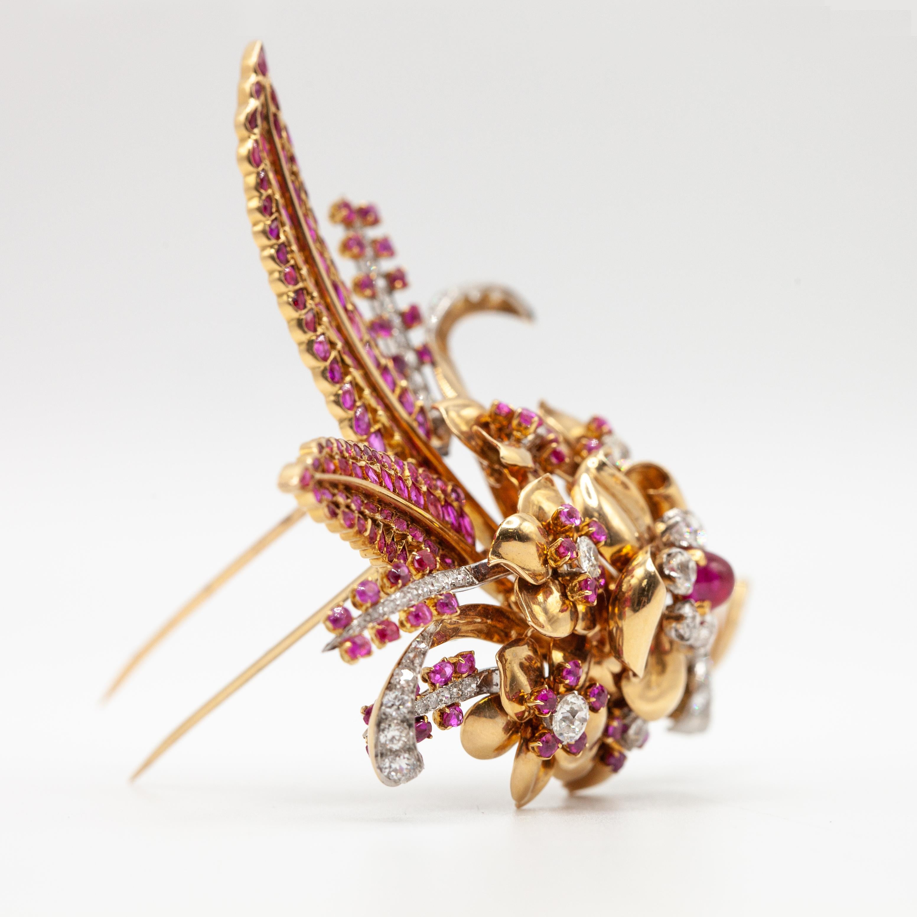 Women's Retro French 18K and Platinum Diamond Ruby Flower Fur Clip c. 1940s For Sale