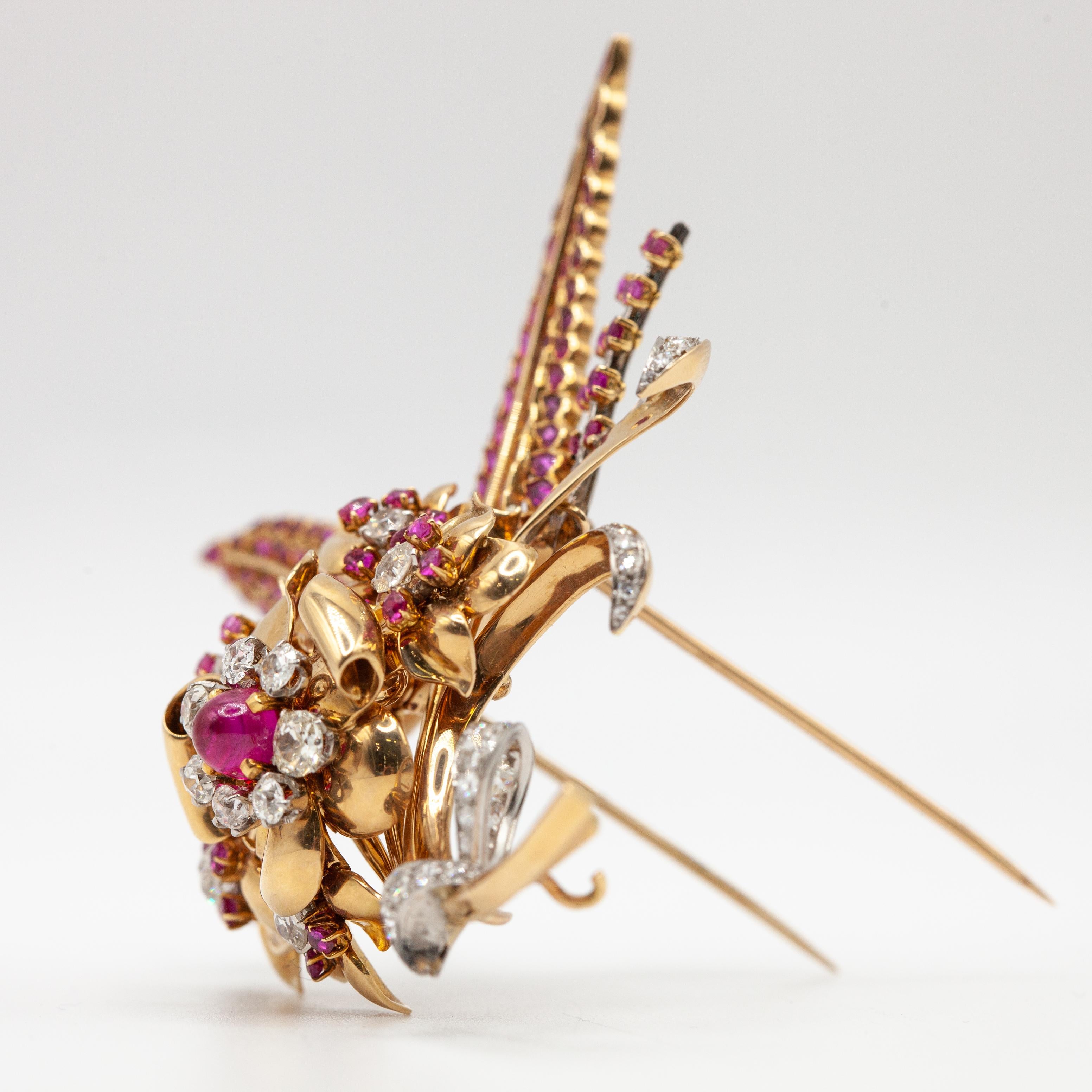 Retro French 18K and Platinum Diamond Ruby Flower Fur Clip c. 1940s For Sale 2
