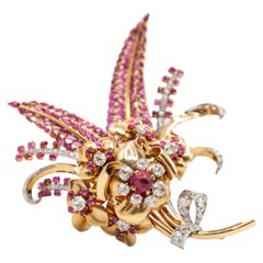 Retro French 18K and Platinum Diamond Ruby Flower Fur Clip c. 1940s