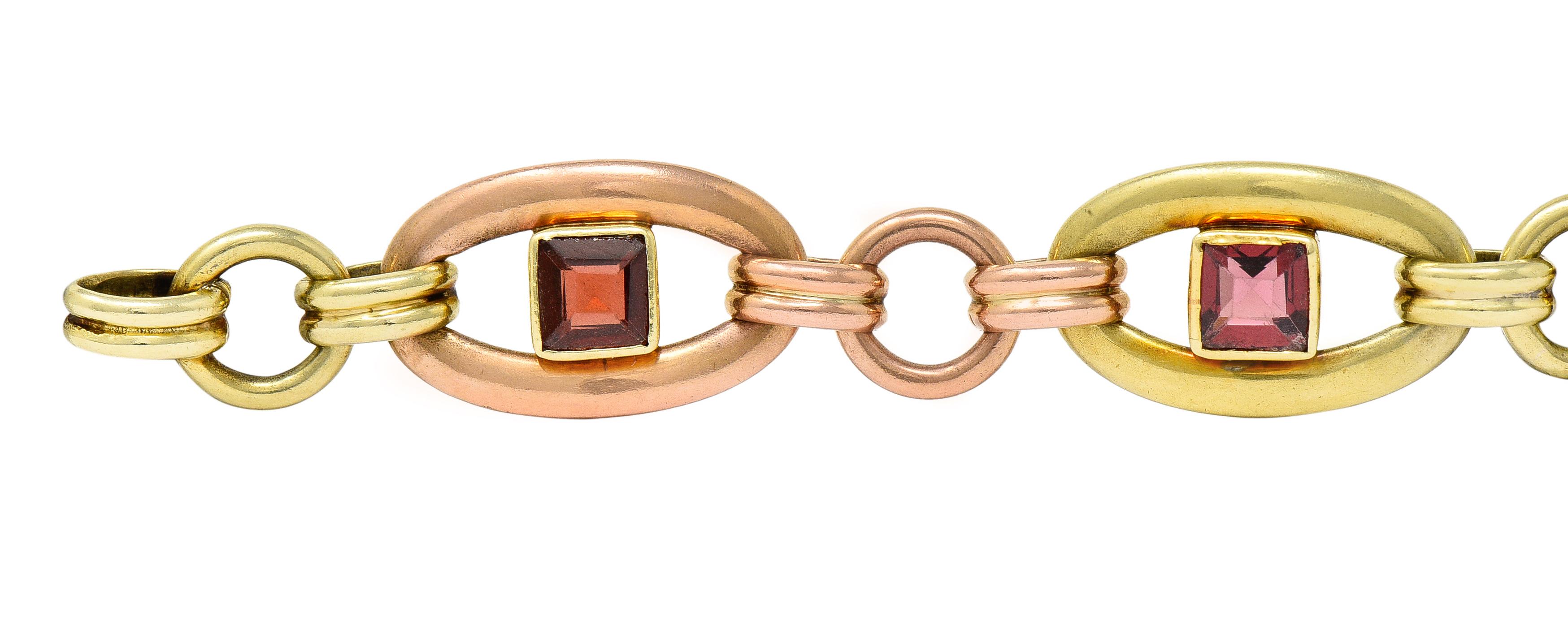 Square Cut 1940's Retro Garnet 14 Karat Two-Tone Gold Gemstone Link Bracelet