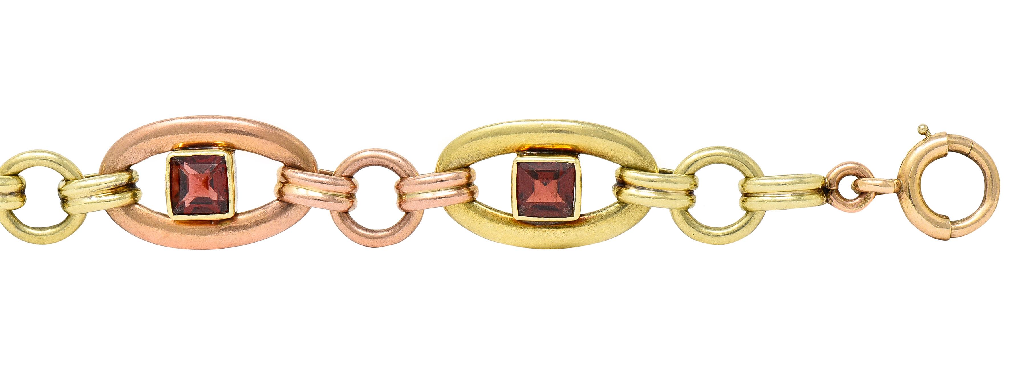 Women's or Men's 1940's Retro Garnet 14 Karat Two-Tone Gold Gemstone Link Bracelet
