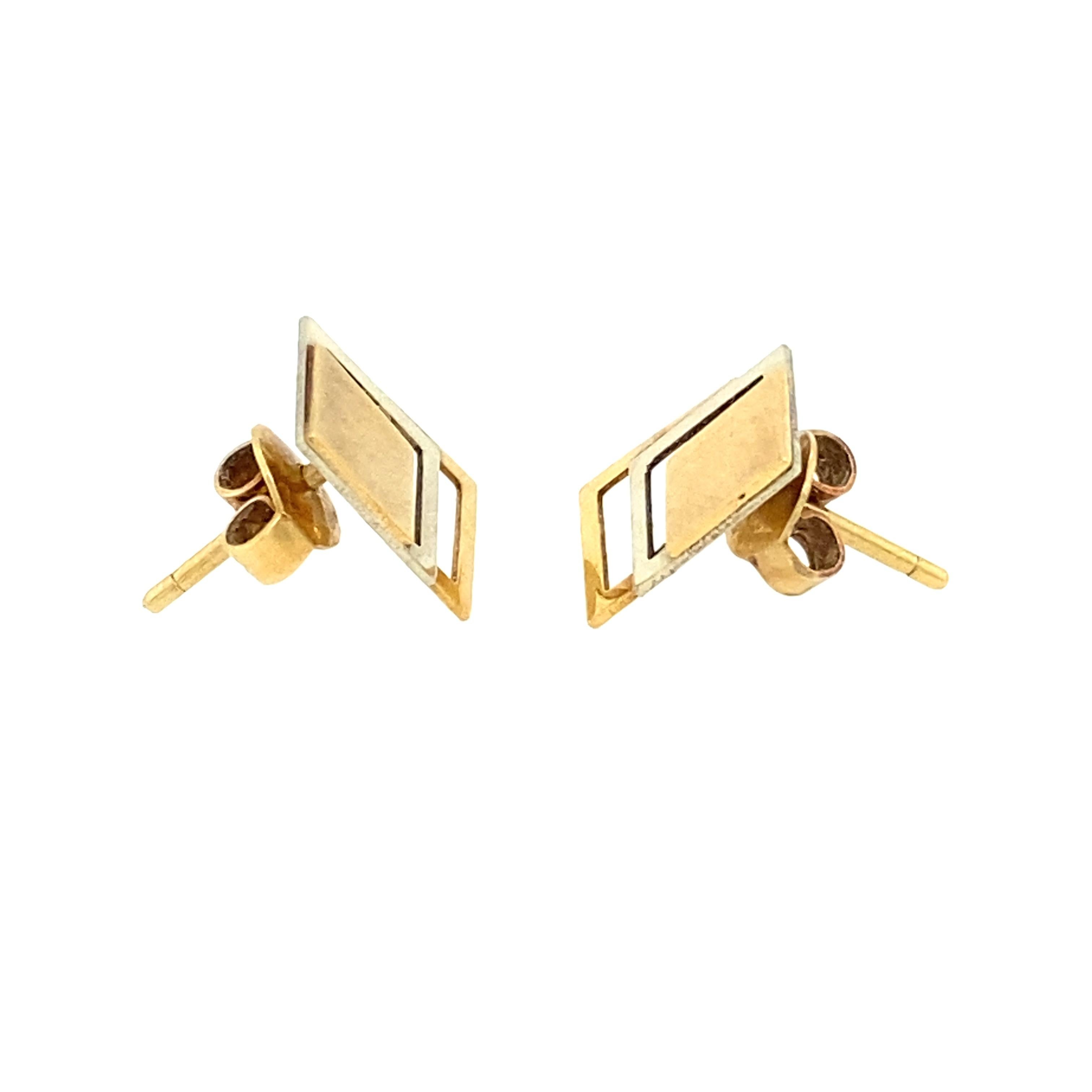 1940s Retro Geometric Shape Earrings, 14 Karat Yellow and White Gold In Excellent Condition For Sale In Atlanta, GA