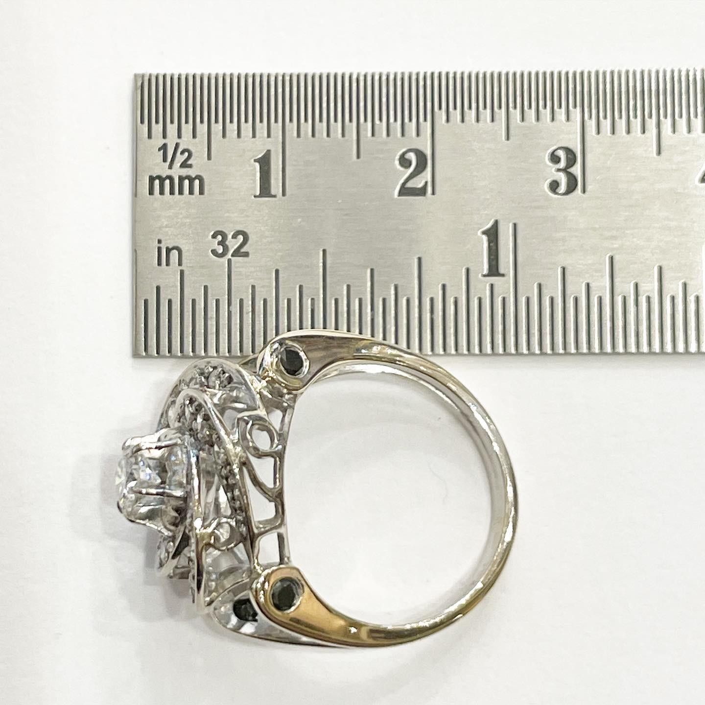 1940s Retro Halo Diamond Cluster 18k White Gold Cocktail Ring 12