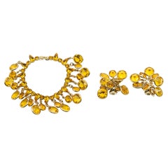 Kramer Bracelet et boucles d'oreilles demi-parure rétro en citrine et strass, années 1940