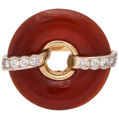 1940s Retro Lifesaver Cut Carnelian with Diamonds High Style Geometric Gold Ring