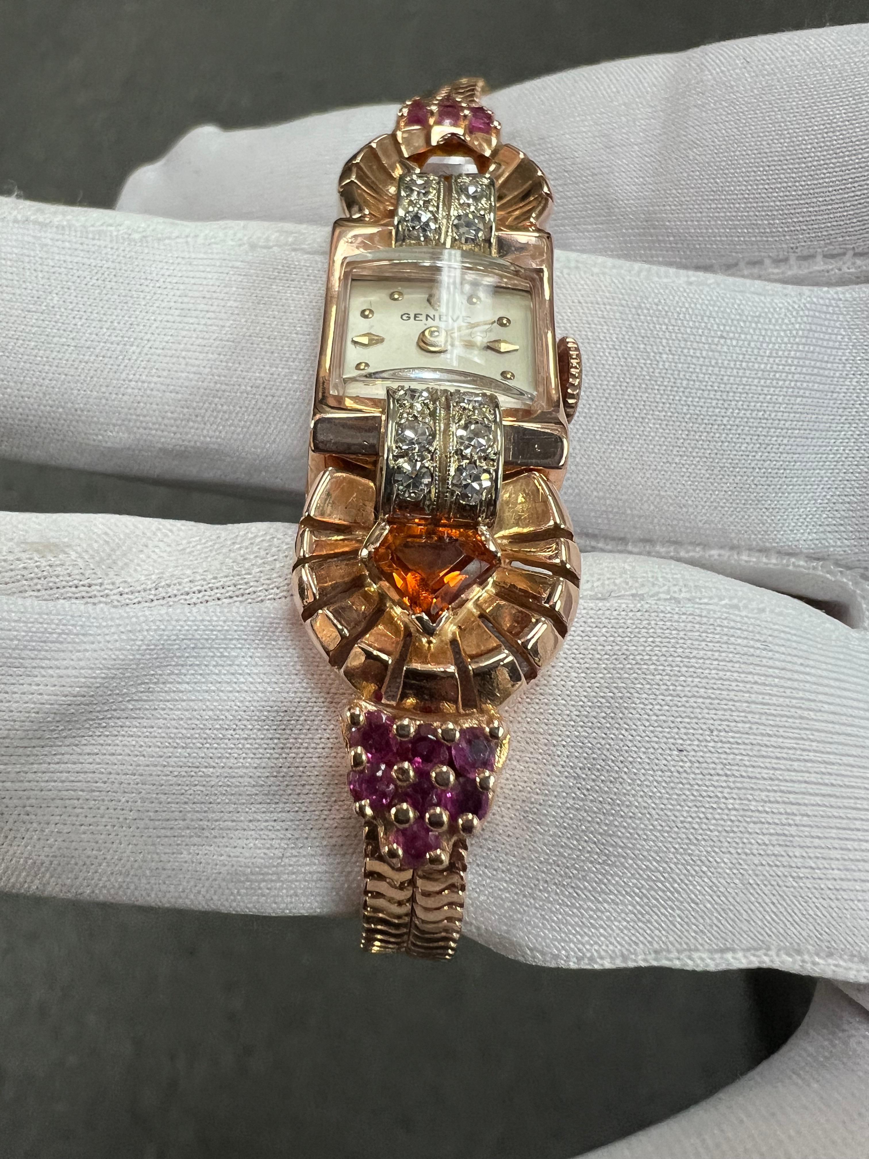 Reloj de pulsera retro de oro rosa de los años 40 con citrino, rubí y diamante en venta 8