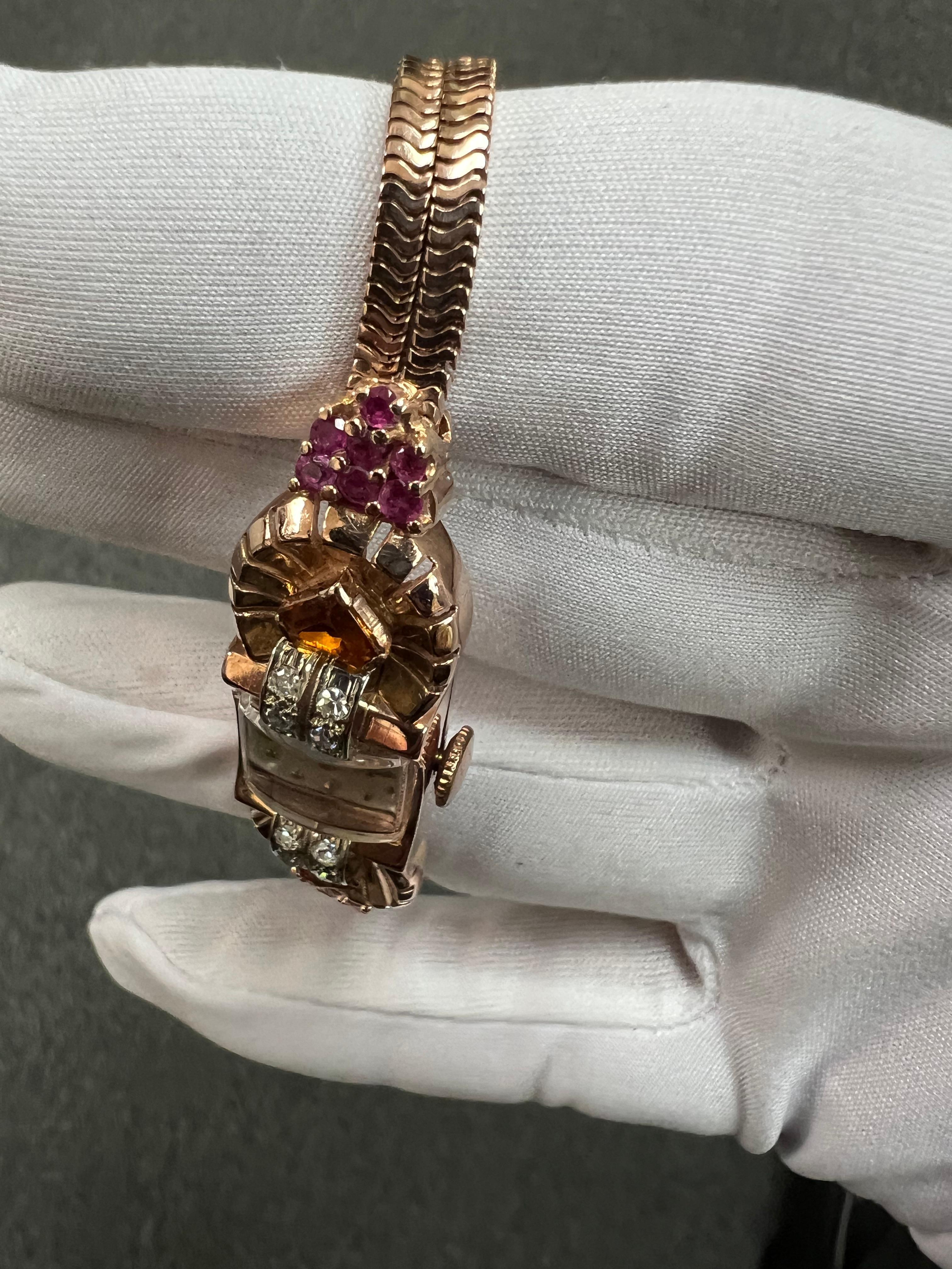 Reloj de pulsera retro de oro rosa de los años 40 con citrino, rubí y diamante en venta 9