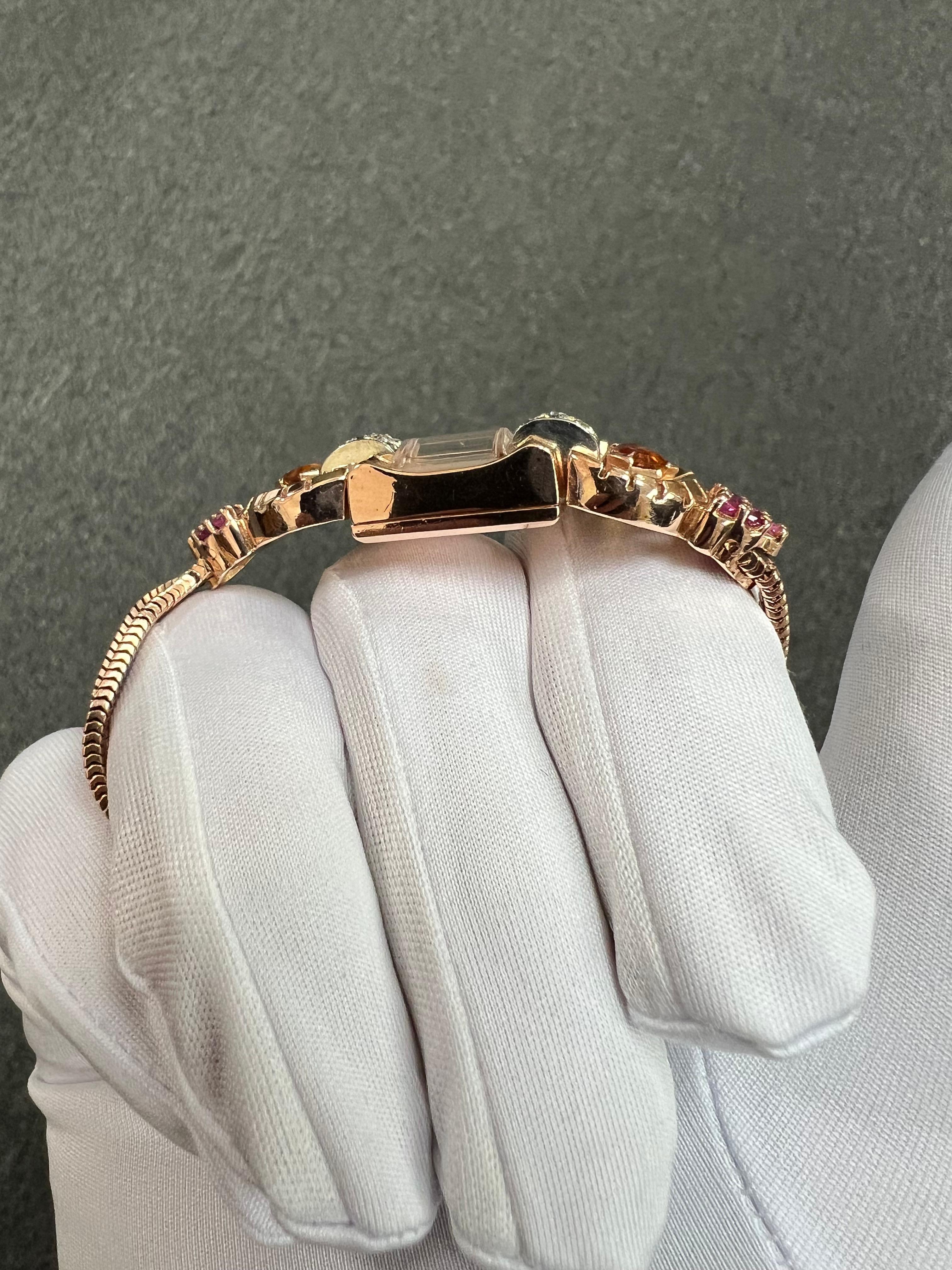 Reloj de pulsera retro de oro rosa de los años 40 con citrino, rubí y diamante en venta 10