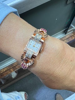 1940s Retro Pink Gold Citrine Ruby Diamond Wristwatch