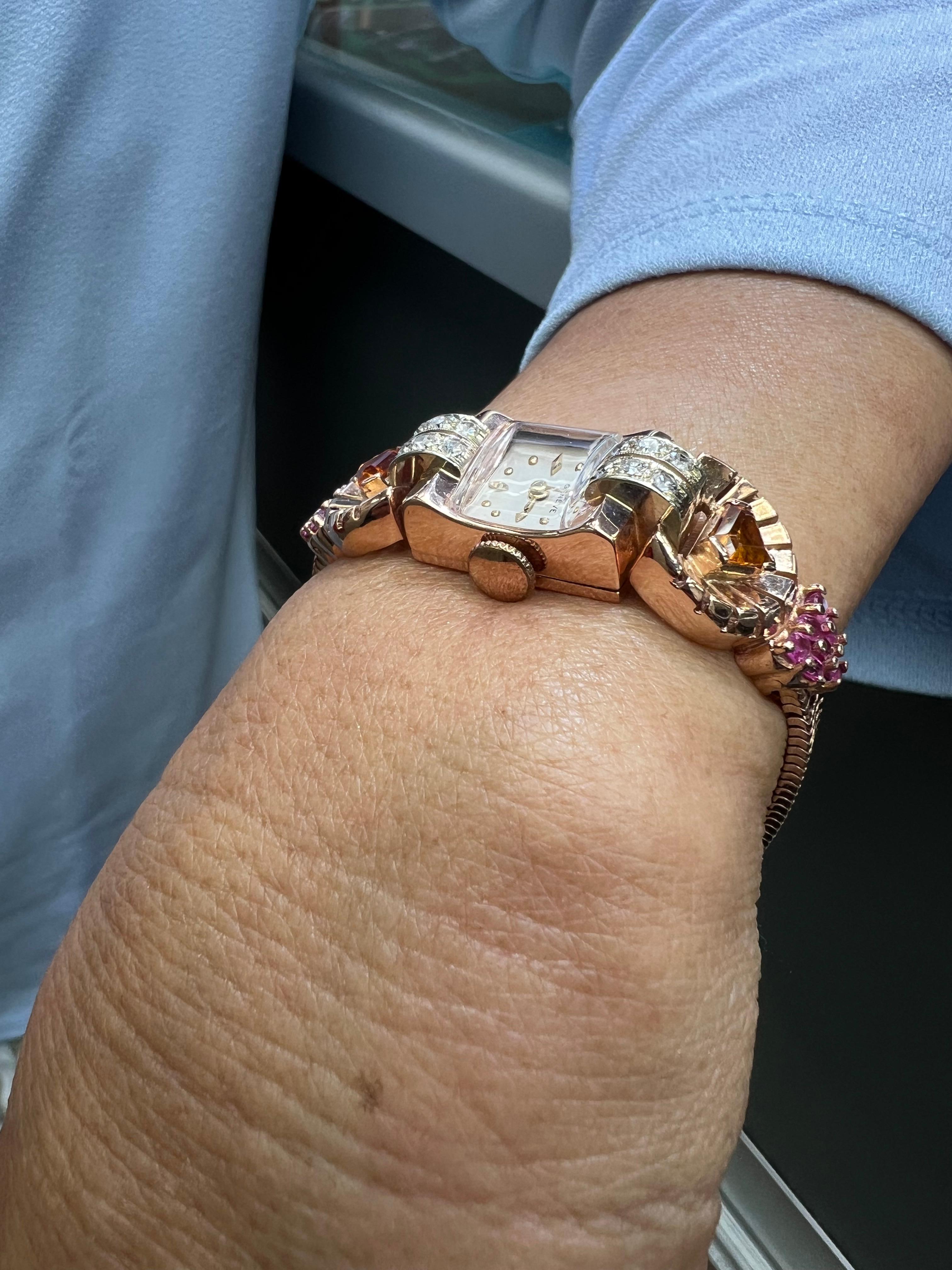 Reloj de pulsera retro de oro rosa de los años 40 con citrino, rubí y diamante Retro en venta
