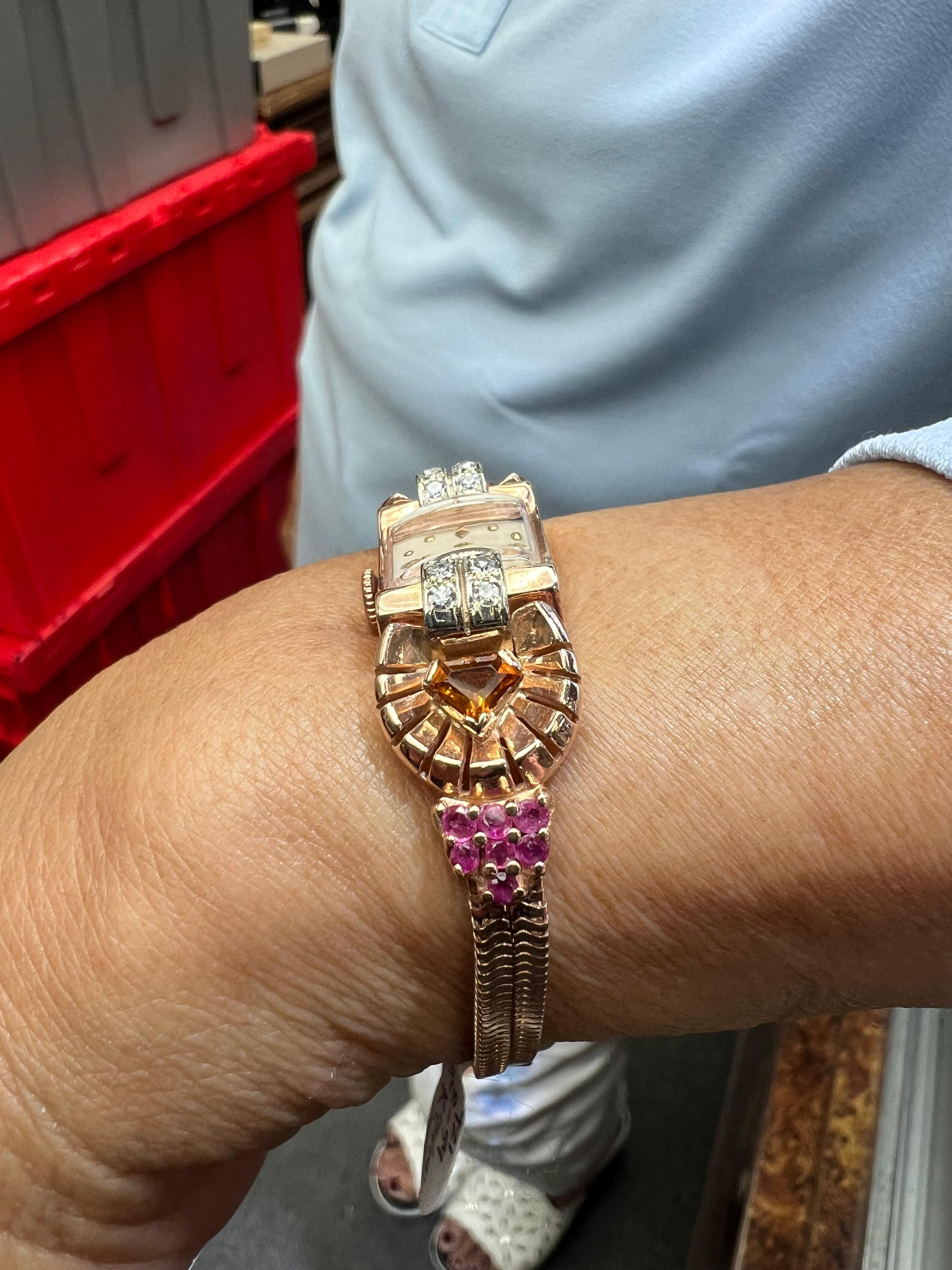 Reloj de pulsera retro de oro rosa de los años 40 con citrino, rubí y diamante en Bueno estado para la venta en Los Angeles, CA