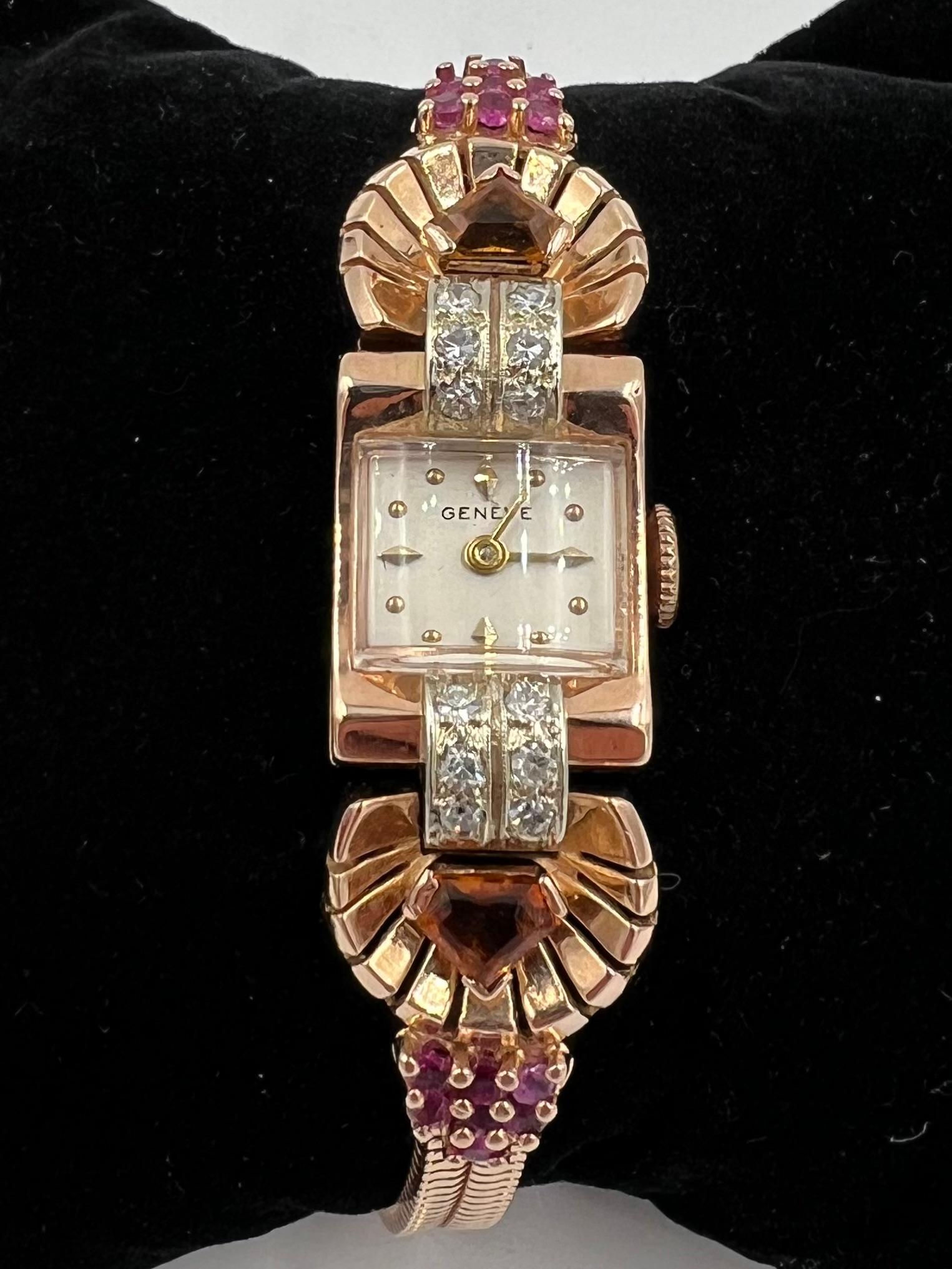 Femenino o masculino Reloj de pulsera retro de oro rosa de los años 40 con citrino, rubí y diamante en venta