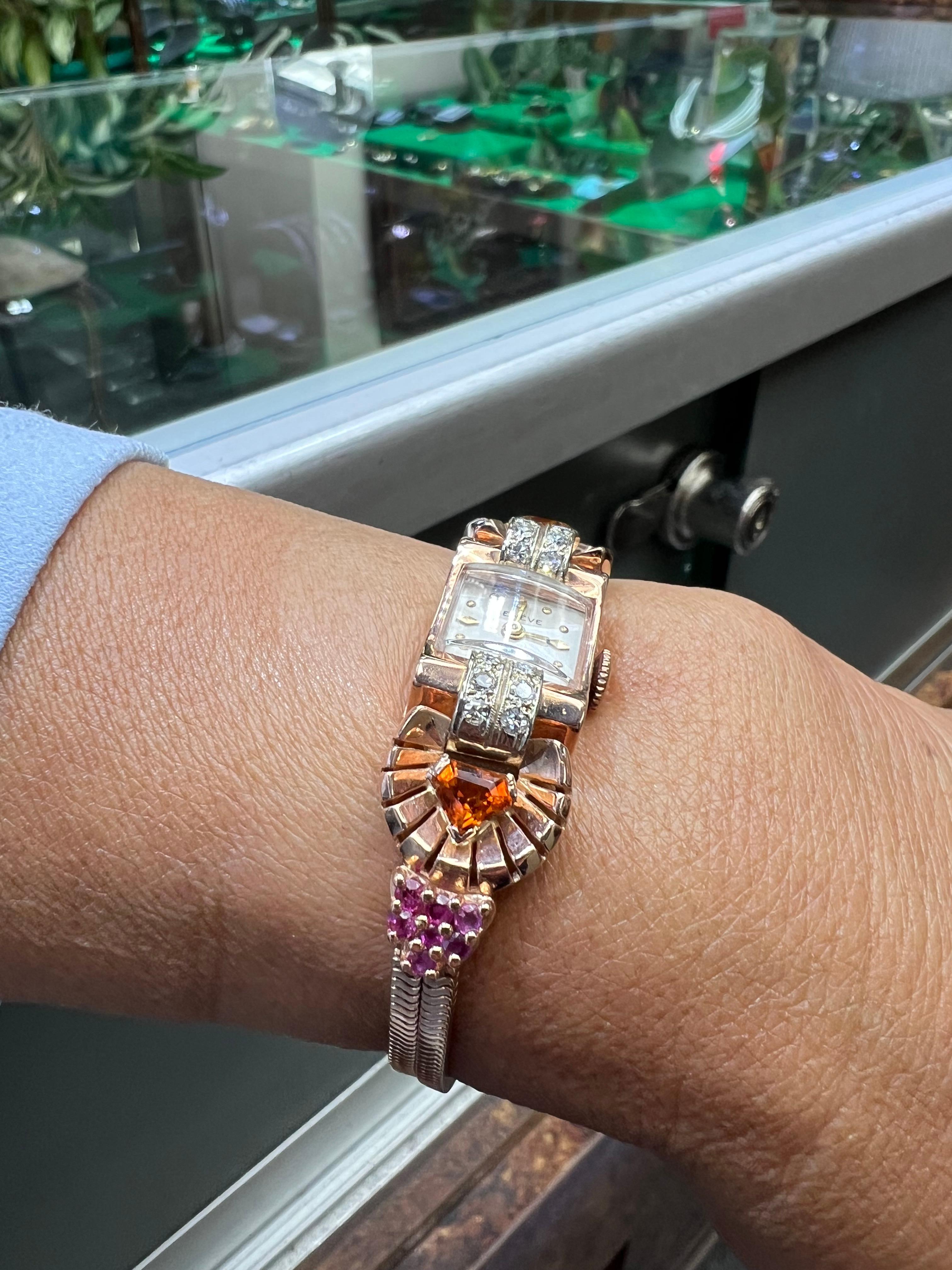 Reloj de pulsera retro de oro rosa de los años 40 con citrino, rubí y diamante Corte mixto en venta