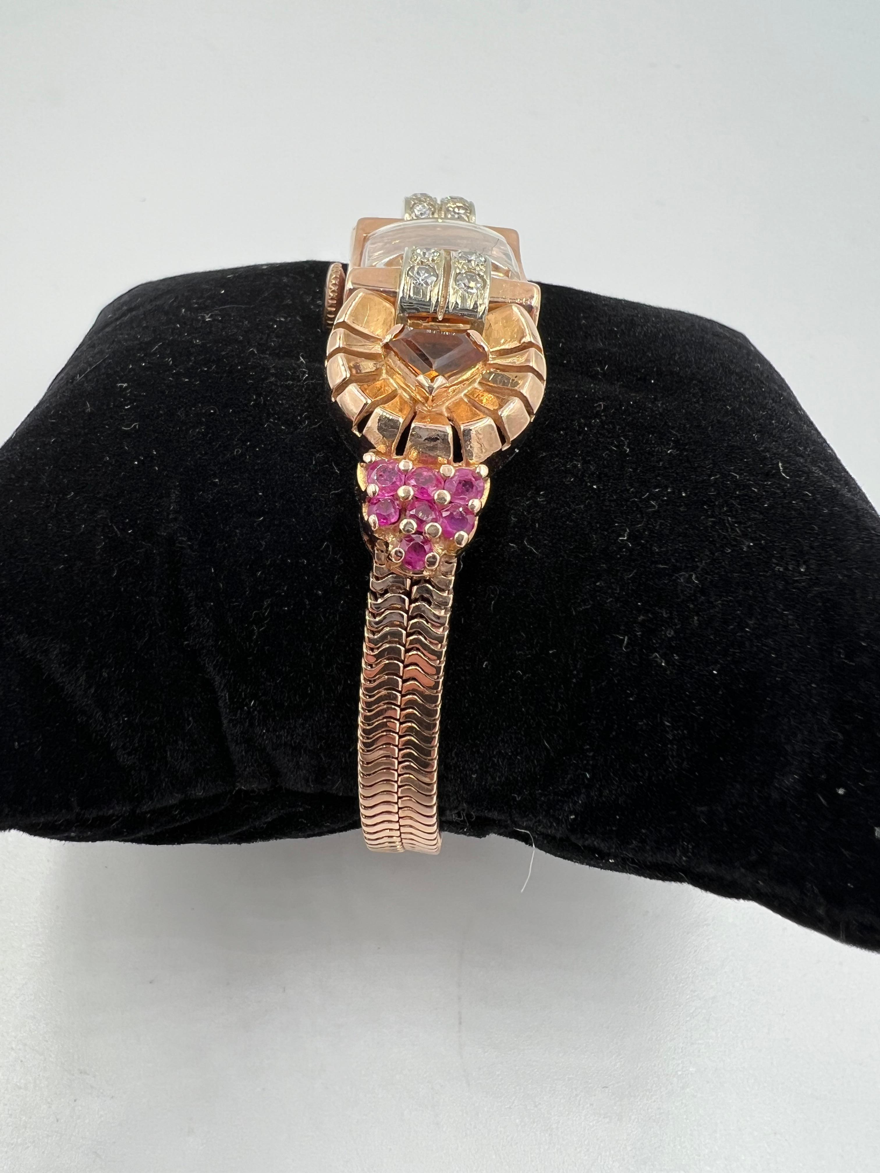 Reloj de pulsera retro de oro rosa de los años 40 con citrino, rubí y diamante en venta 1