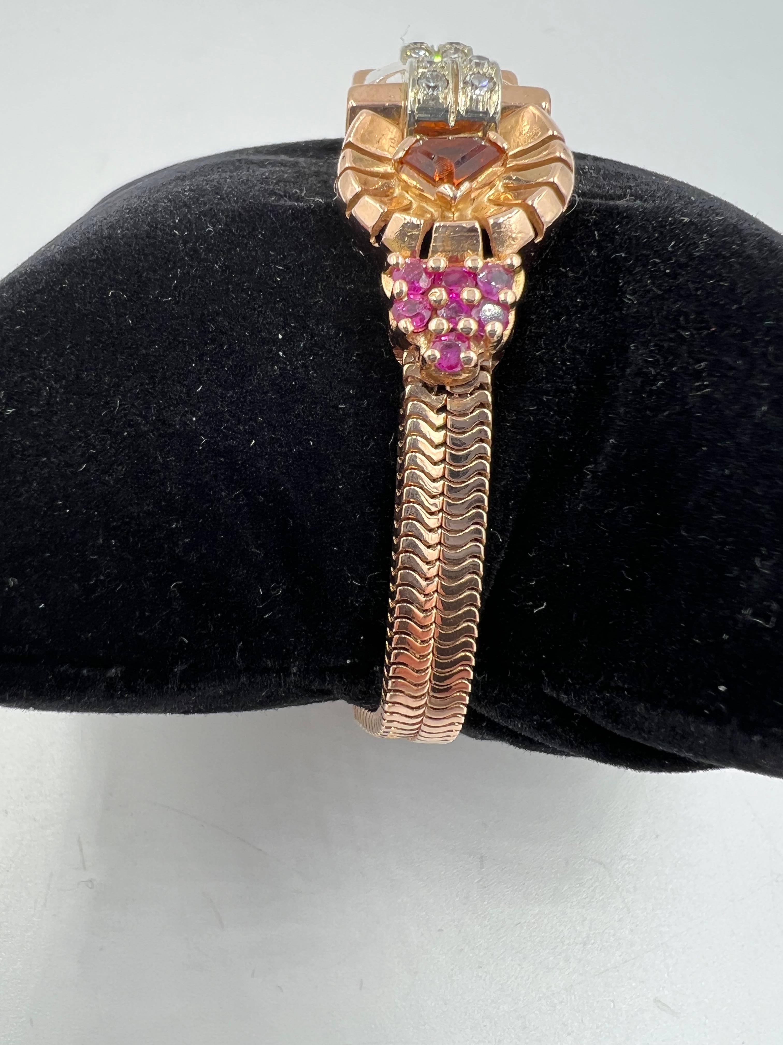 Reloj de pulsera retro de oro rosa de los años 40 con citrino, rubí y diamante en venta 2
