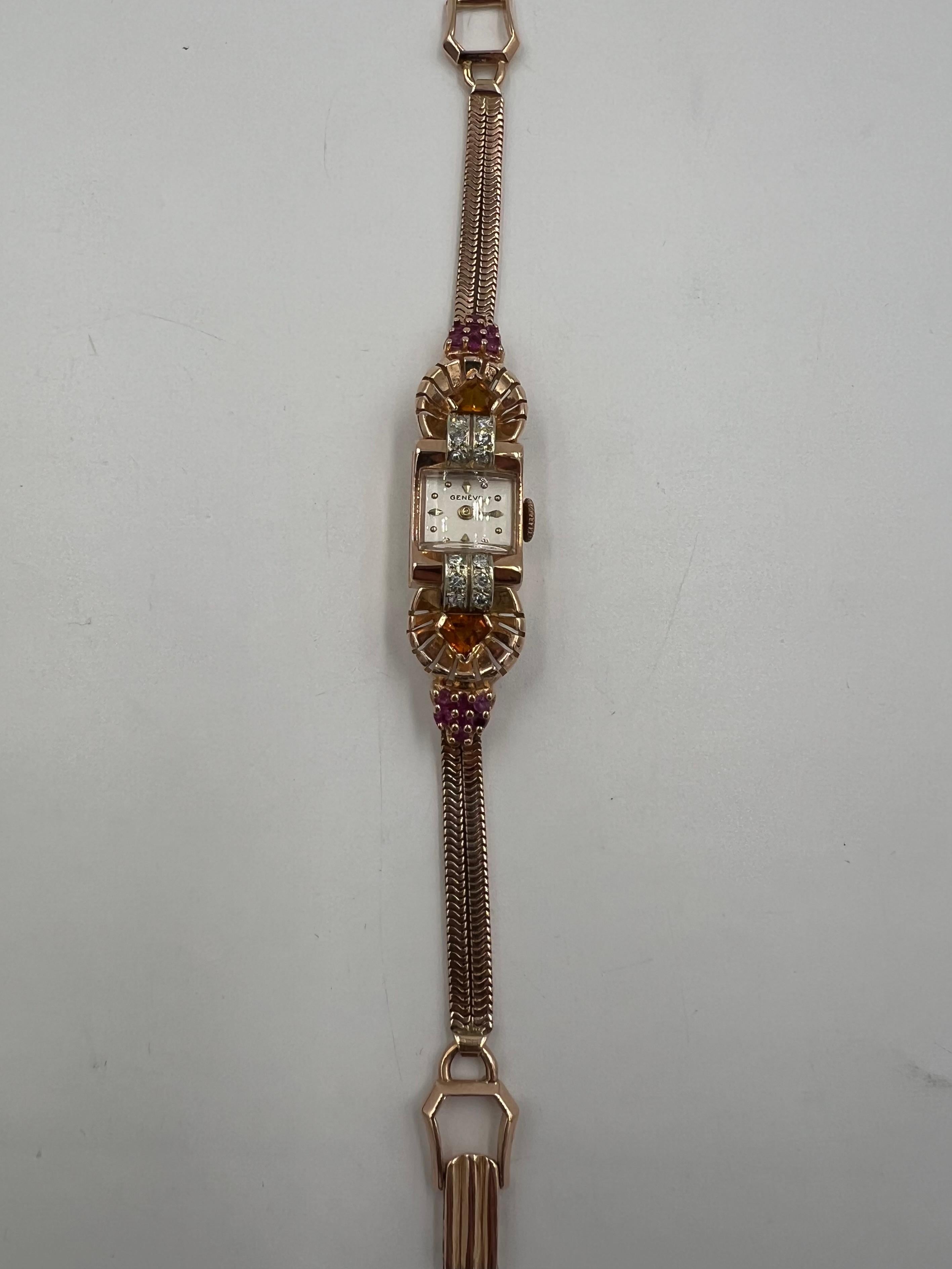 Reloj de pulsera retro de oro rosa de los años 40 con citrino, rubí y diamante en venta 4