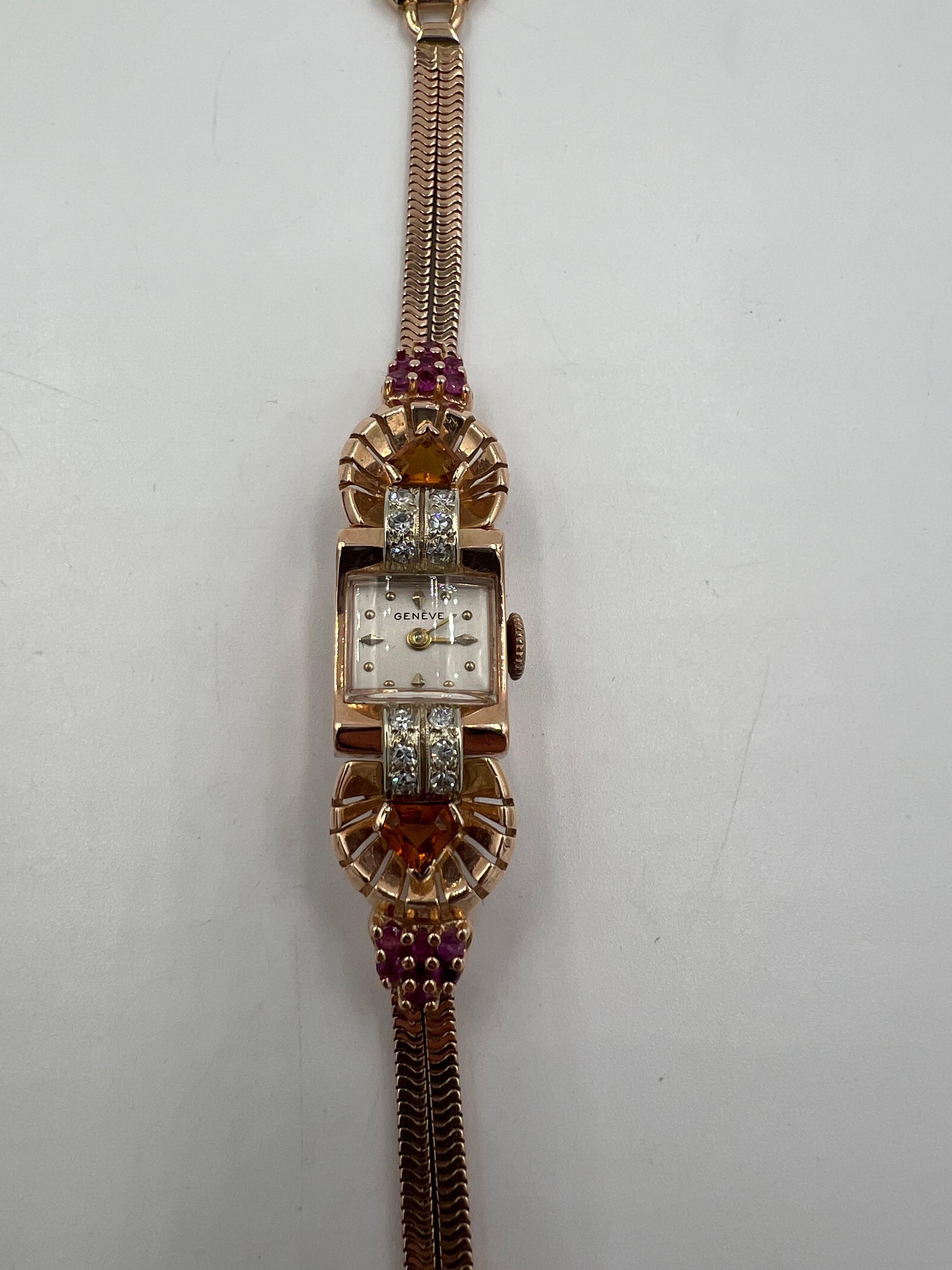 Reloj de pulsera retro de oro rosa de los años 40 con citrino, rubí y diamante en venta 5