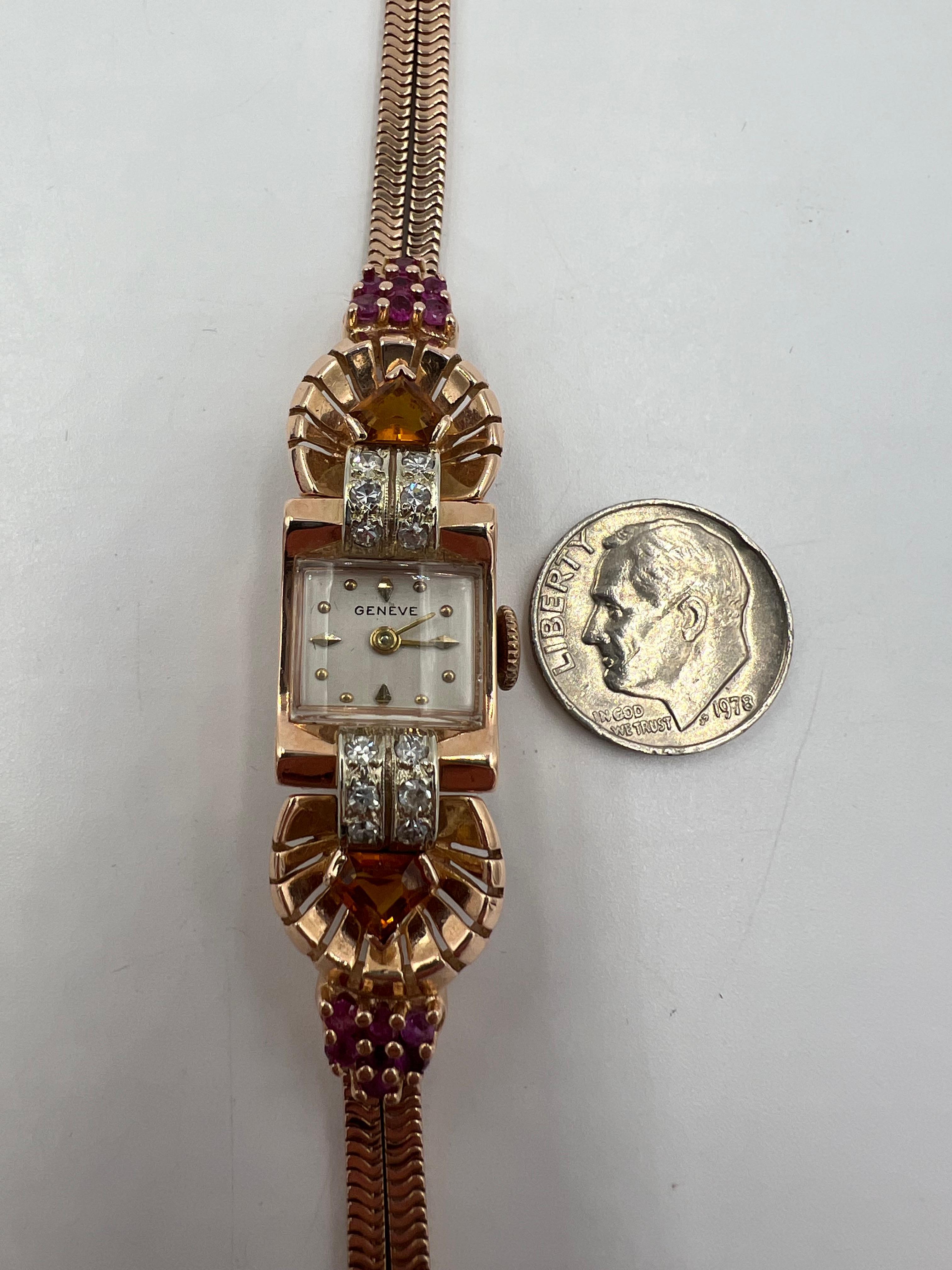 Reloj de pulsera retro de oro rosa de los años 40 con citrino, rubí y diamante en venta 6