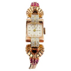 Orologio da polso retrò anni '40 in oro rosa con diamante e rubino Citrino